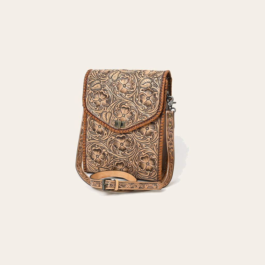 Western Leather Small Cross Body Bag with Hand-Tooled Floral Carved Panel Braided Full Grain Leather by American Darling