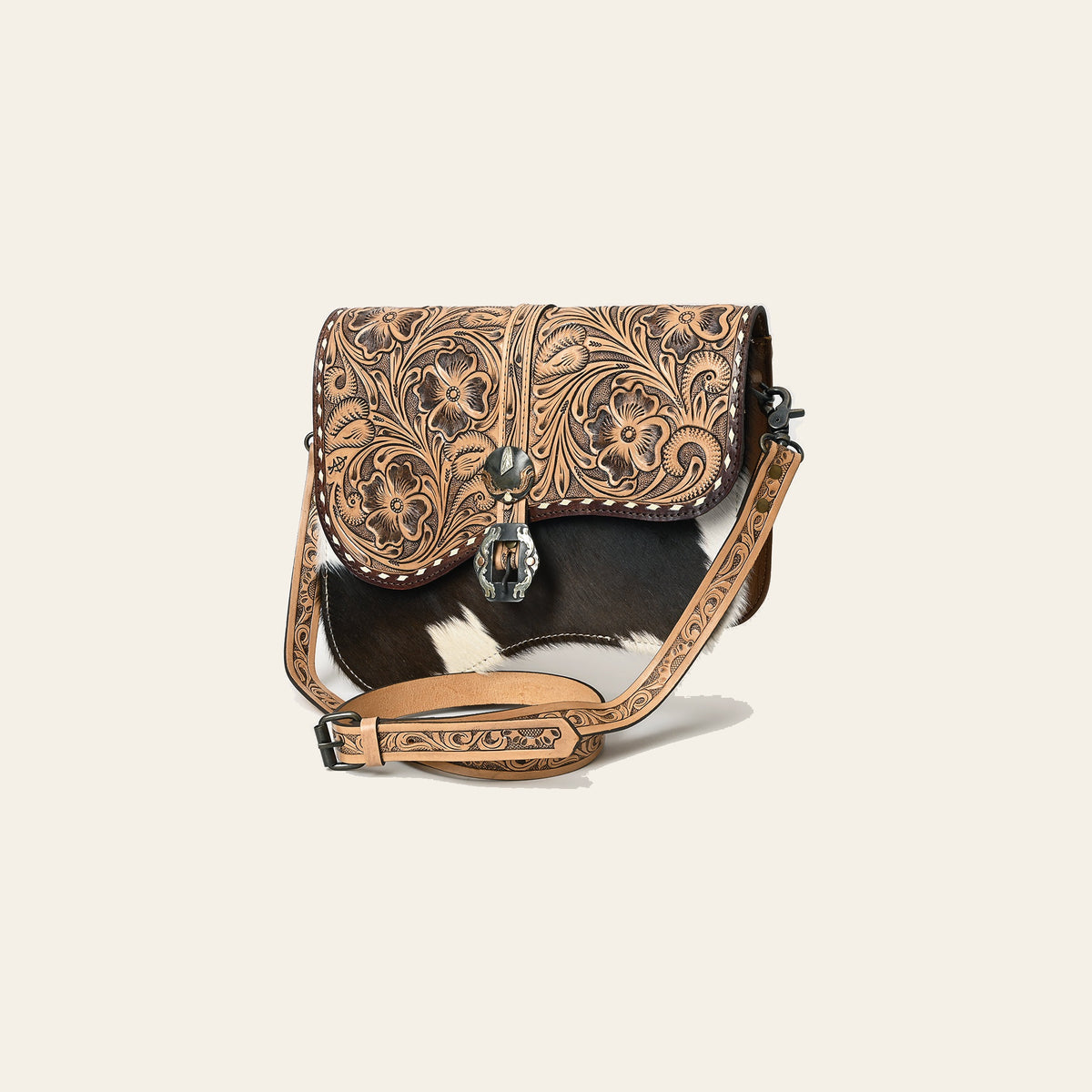 American Darling Western Leather Crossbody Bag with Hand-Tooled Floral Detailing, Hair-On Accents & Premium Genuine Leather