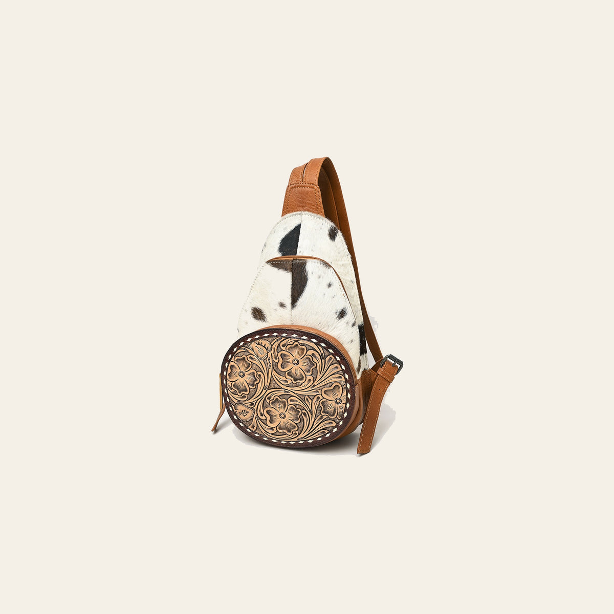 American Darling Western Sling Bag with Genuine Hair-On Cowhide, Hand-Tooled Floral Leather, Adjustable Strap & Secure Compartments