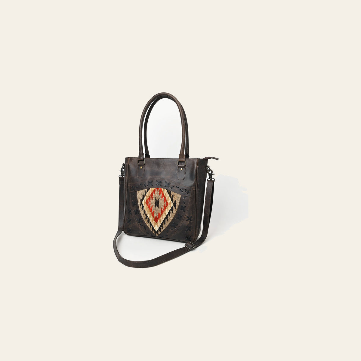 American Darling Premium Western Leather Tote Bag for Women, Hand Woven Saddle Blanket Detail, Vegetable-Tanned Leather