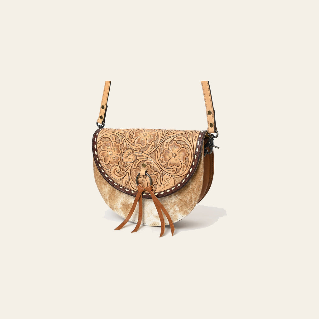 American Darling Small Crossbody Bag – Genuine Leather, Hair-On Cowhide, Hand-Tooled Floral Design, Tassels, Buck-Stitched Finish
