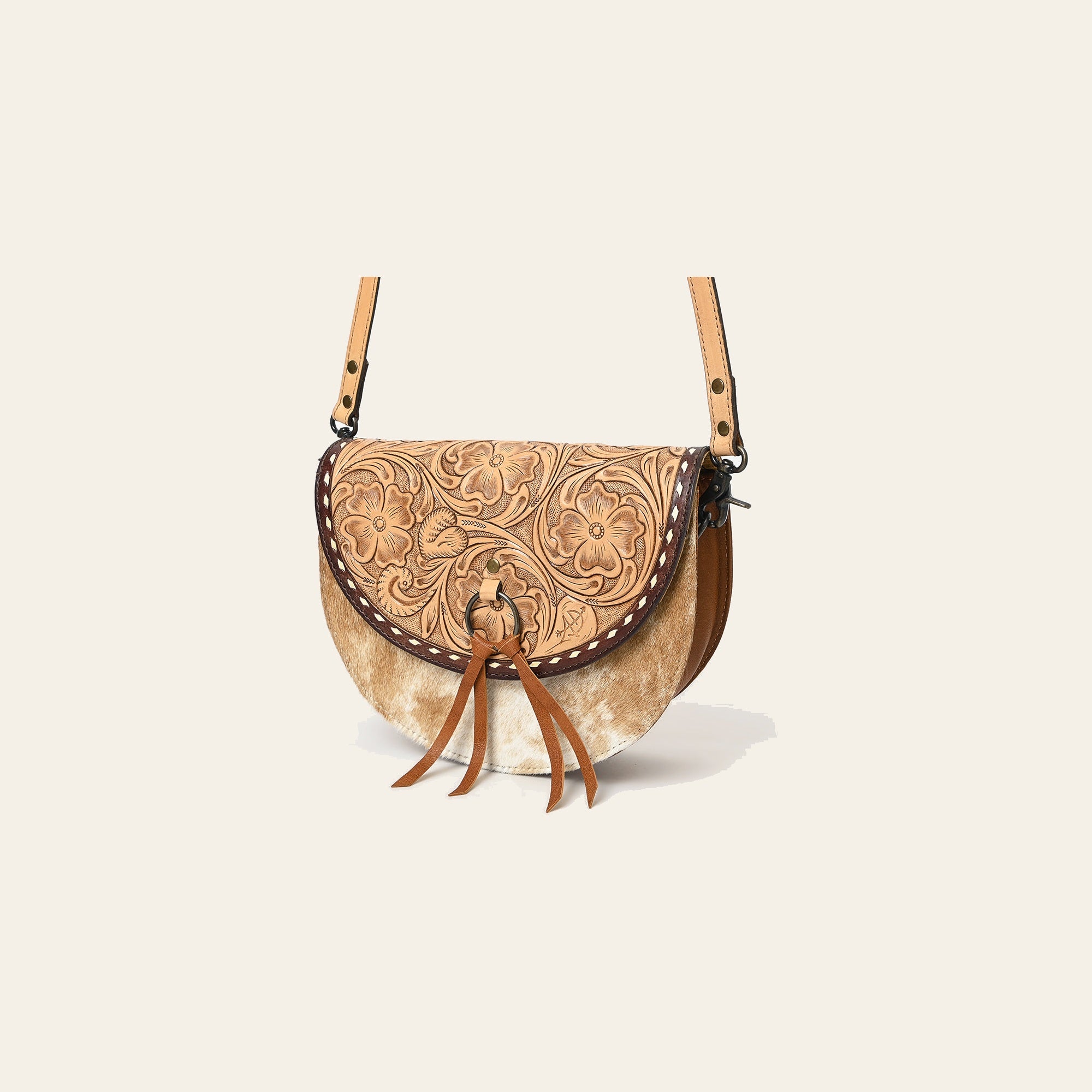 American Darling Small Crossbody Bag – Genuine Leather, Hair-On Cowhide, Hand-Tooled Floral Design, Tassels, Buck-Stitched Finish