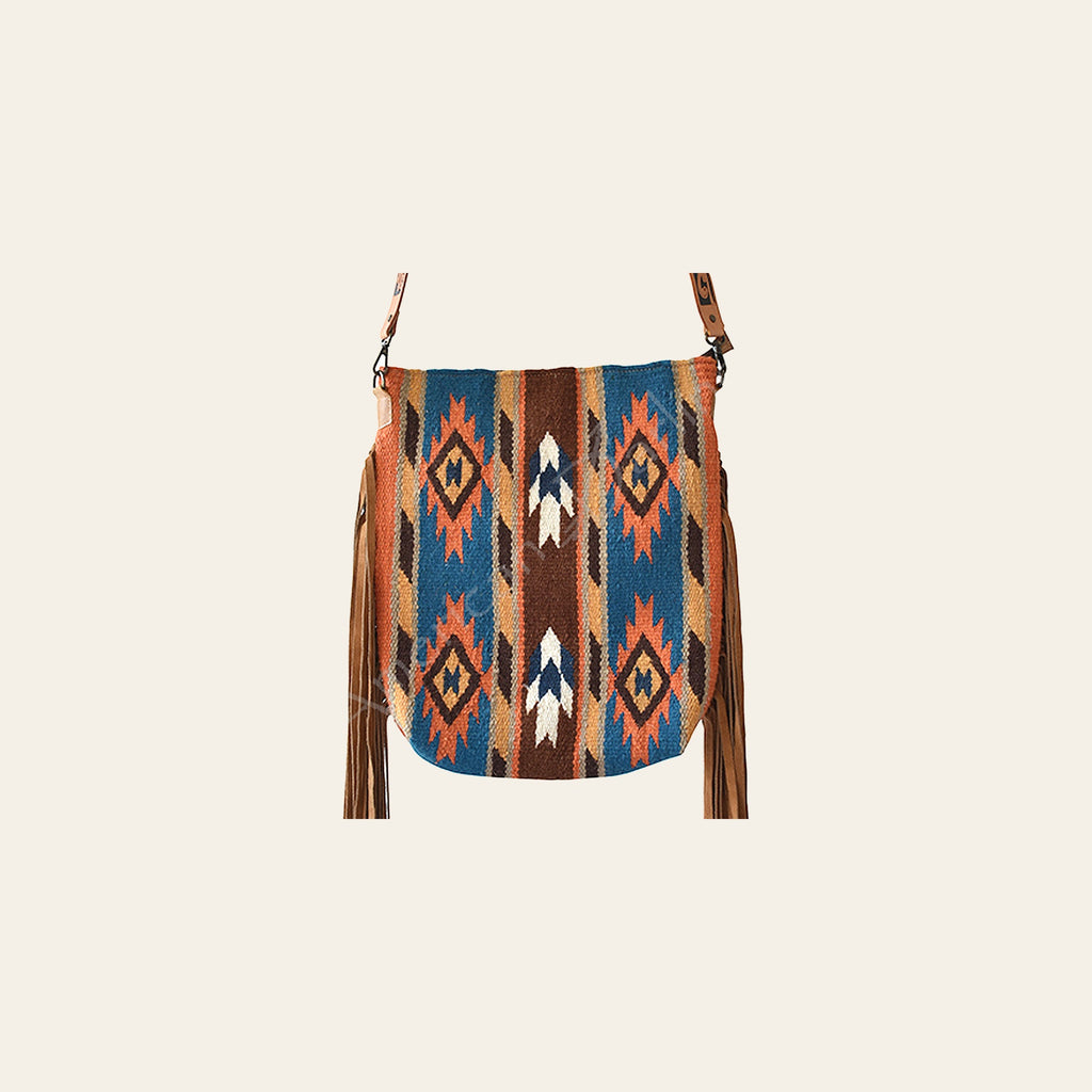 American Darling Messenger Bag Western Hand Woven Saddle Blanket Genuine Leather Crossbody with Fringes and YKK Zipper