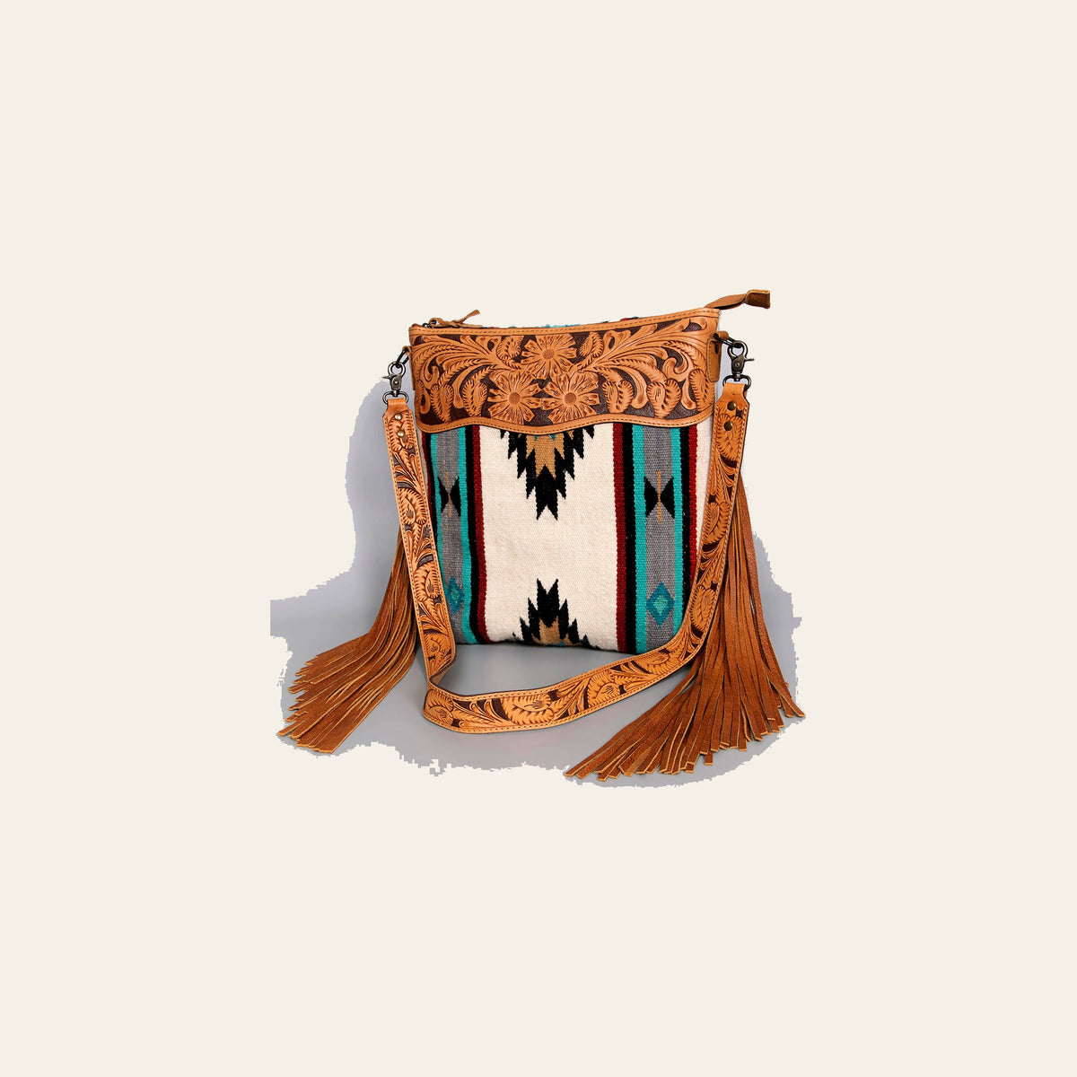American Darling Large Cross body Bag - Western Genuine Leather Hand Tooled Floral Purse with Woven Saddle Blanket & Fringe