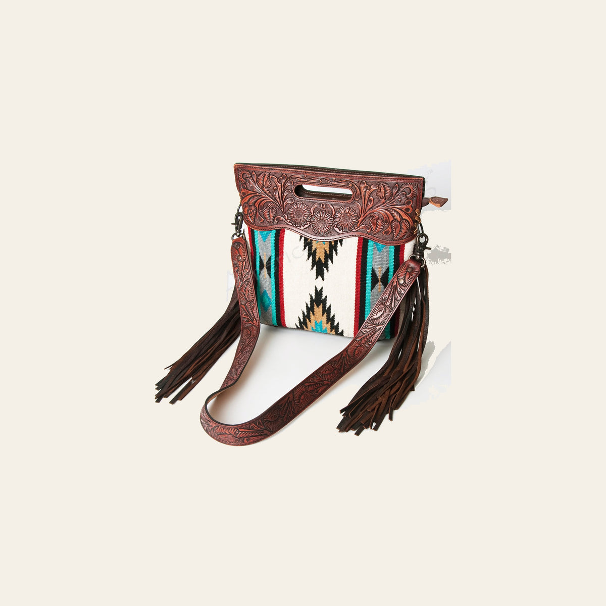 American Darling Signature Cross body Bag Handcrafted from Hand Tooled Leather and Woven Saddle Blanket with Side Fringes