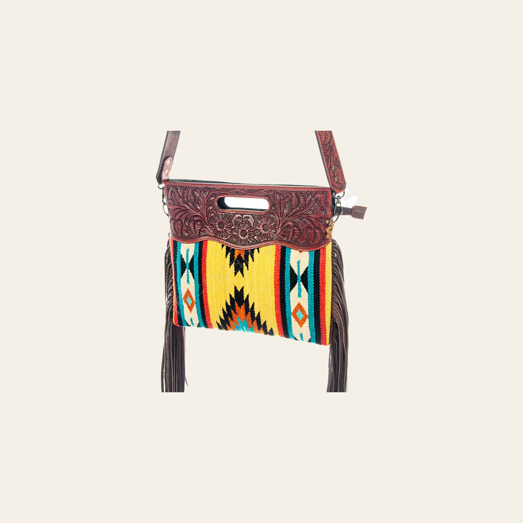 American Darling Signature Cross body Bag Handcrafted from Hand Tooled Leather and Woven Saddle Blanket with Side Fringes