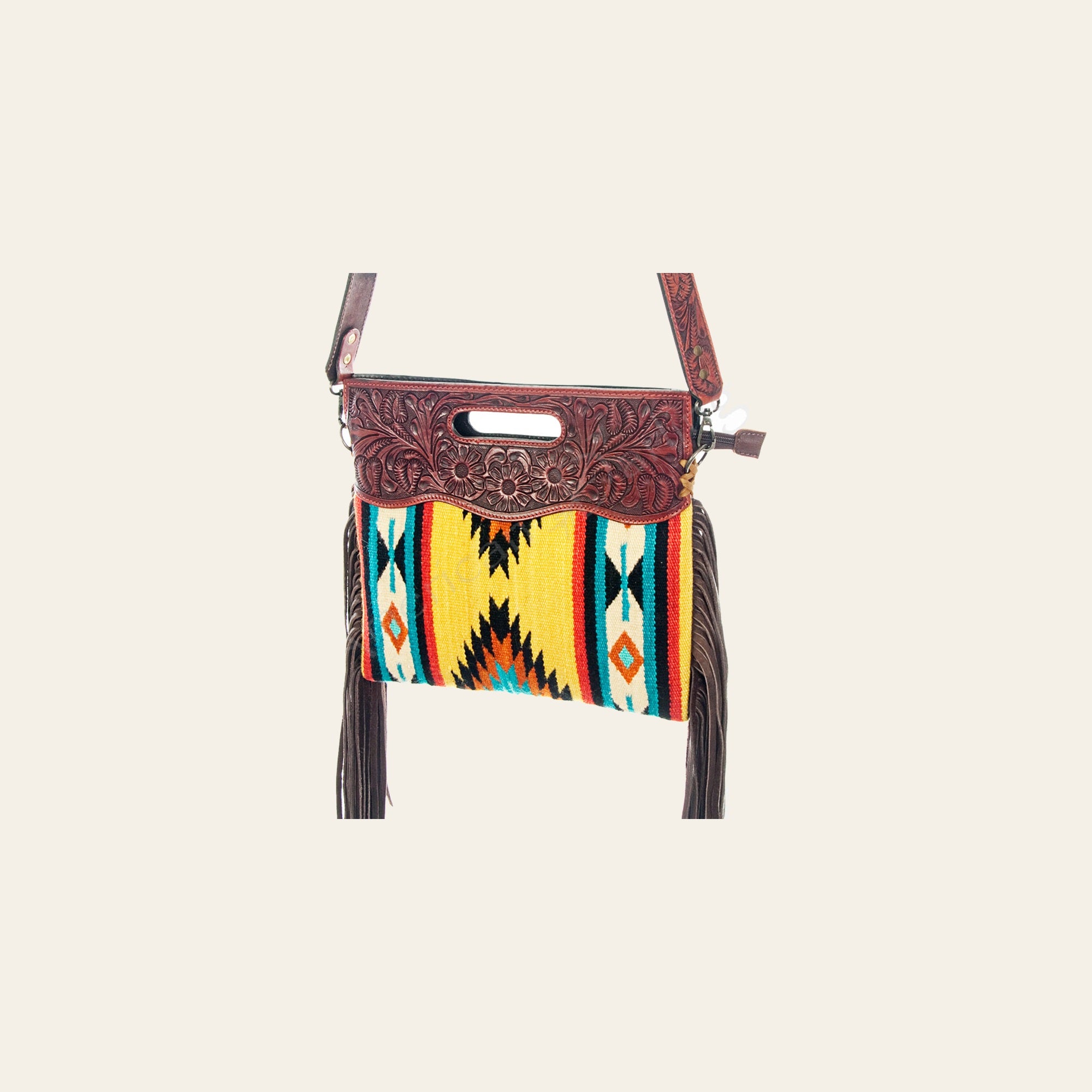 American Darling Signature Cross body Bag Handcrafted from Hand Tooled Leather and Woven Saddle Blanket with Side Fringes