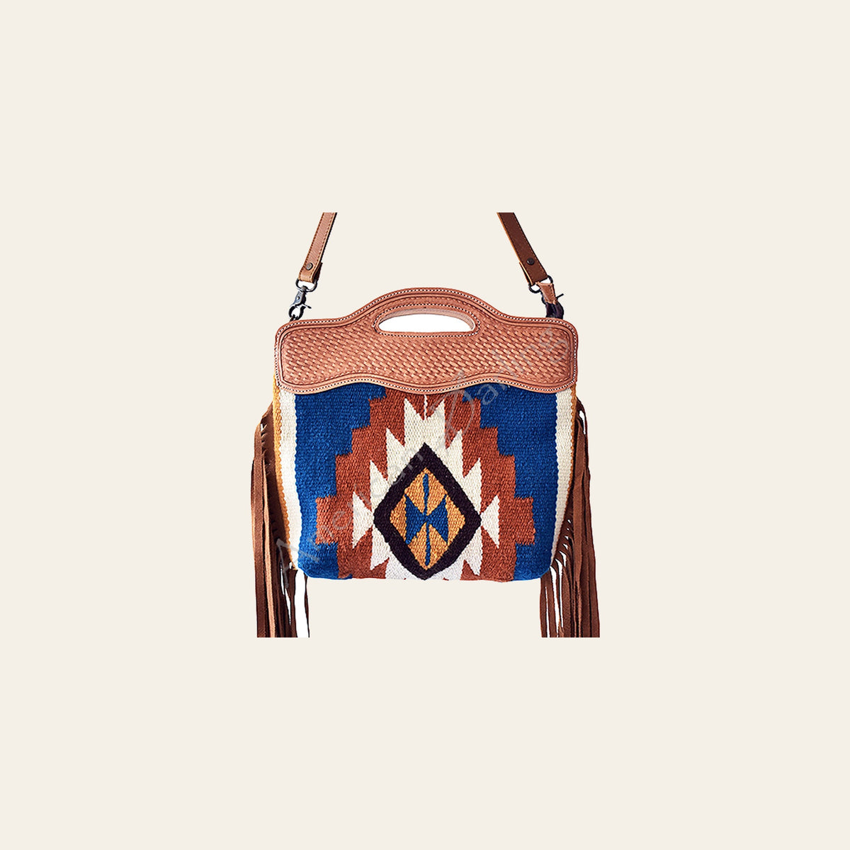 American Darling Cross body Bag, Basket Weave Hand-Tooled Leather, Hand Woven Saddle Blanket with Fringes, Western Shoulder Purse
