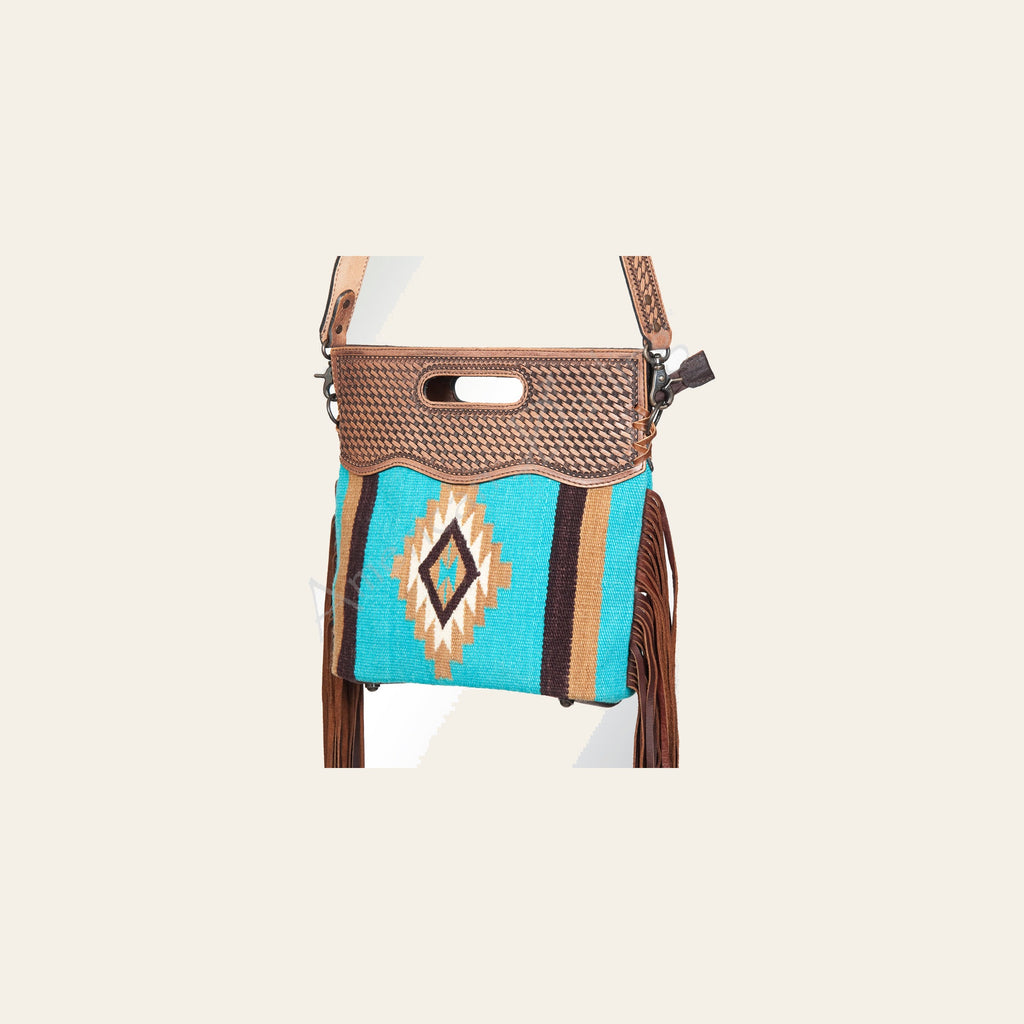 American Darling Cross body Bag, Basket Weave Hand-Tooled Leather, Hand Woven Saddle Blanket with Fringes, Western Shoulder Purse