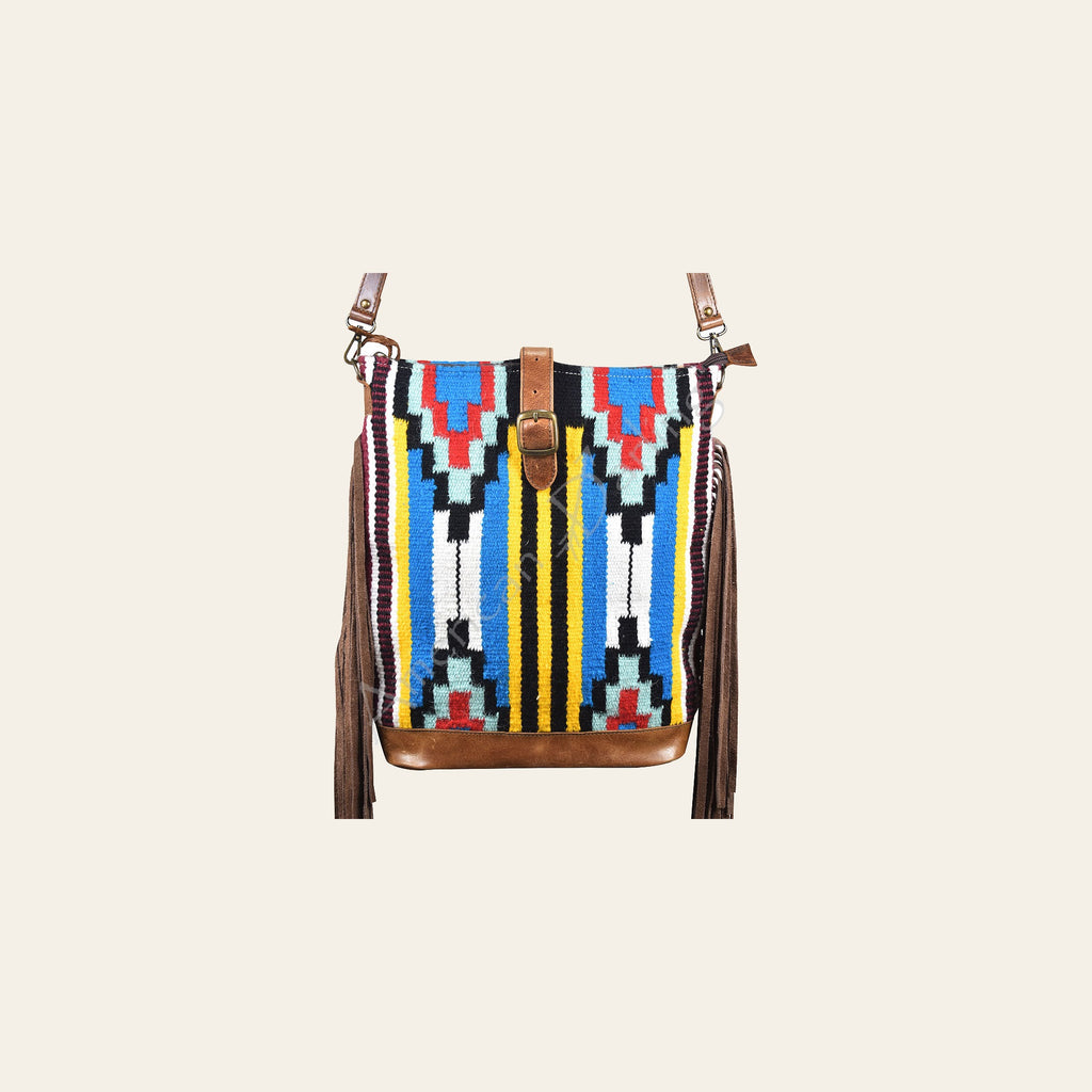 American Darling Large Cross body Bag, Hand Woven Saddle Blanket with Fringes, Vegetable-Tanned Full Grain Leather Purse