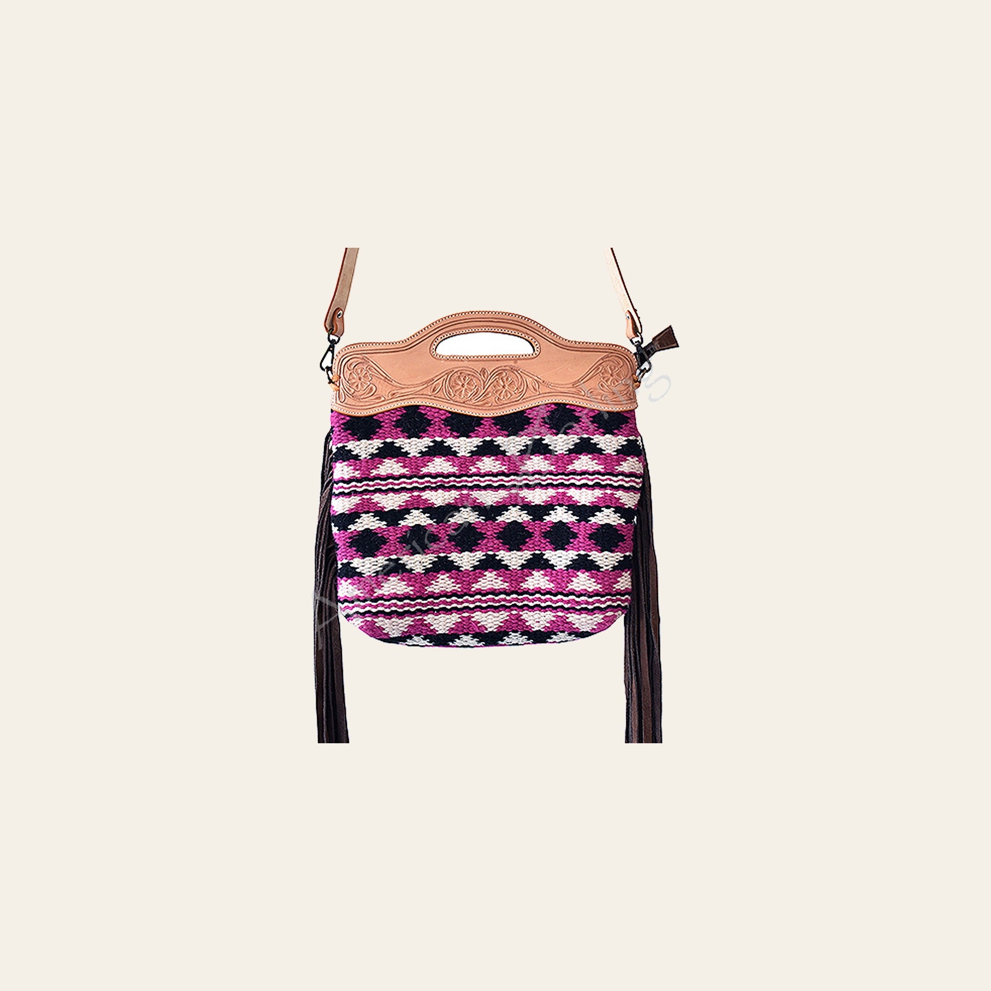 American Darling Cross body Bag, Hand Tooled Floral Leather, Hand Woven Saddle Blanket with Fringes, Western Crossbody Purse