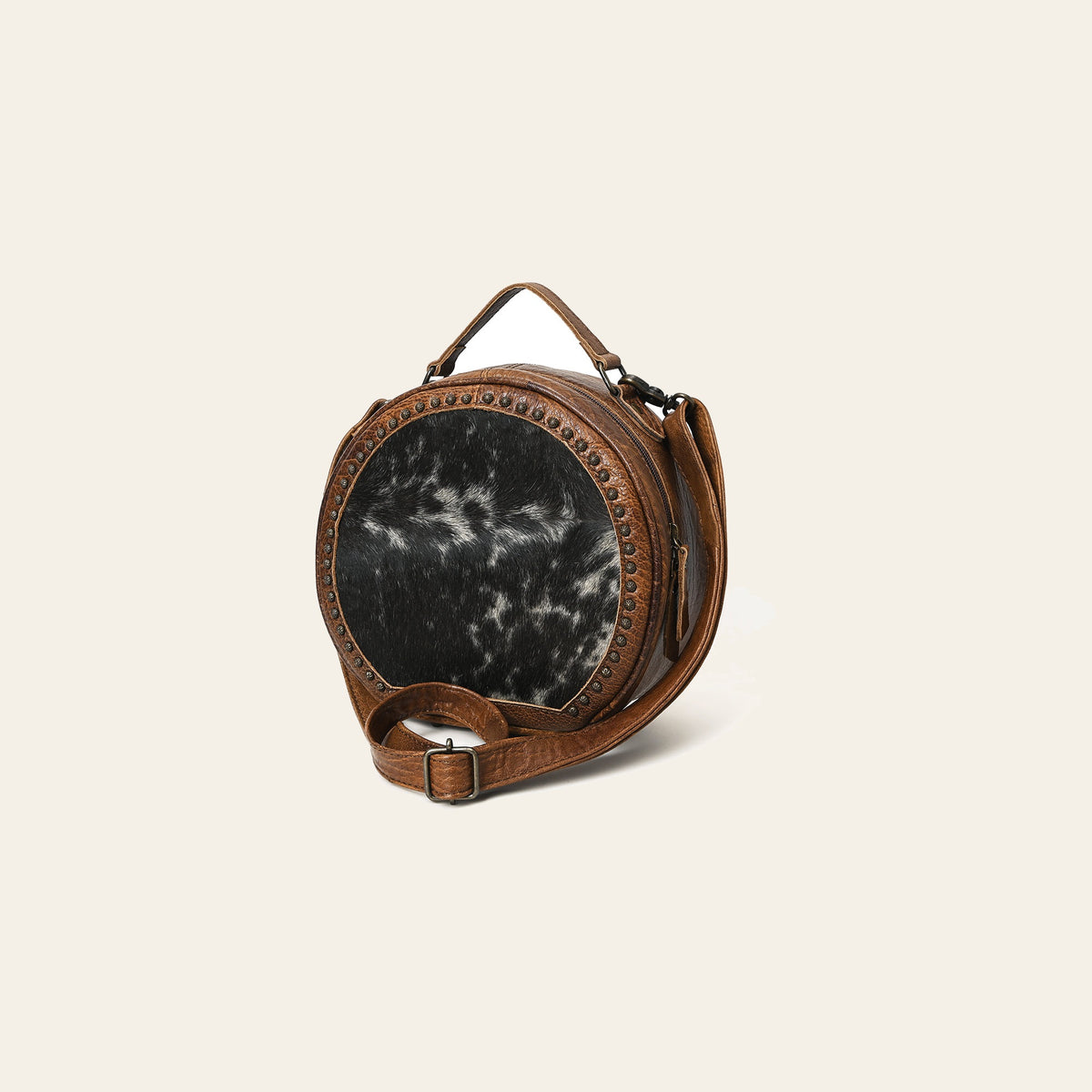American Darling Canteen Bag Western Leather Hair-On Cowhide Purse with Rivets Embossed and Secure YKK Zipper