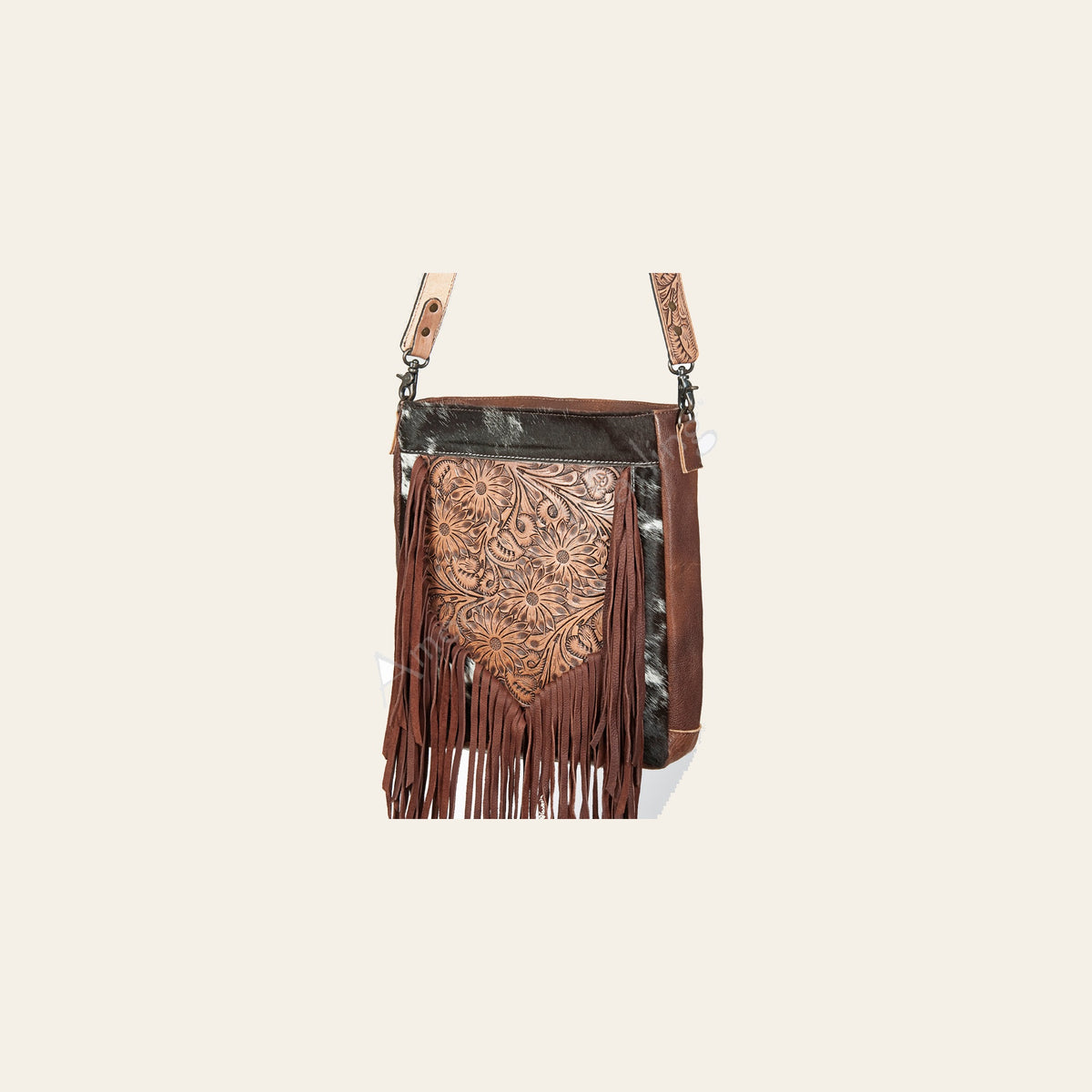 American Darling Messenger Bag Hand Tooled Floral Carved Leather Hair-On Cowhide with Fringes Western Purse