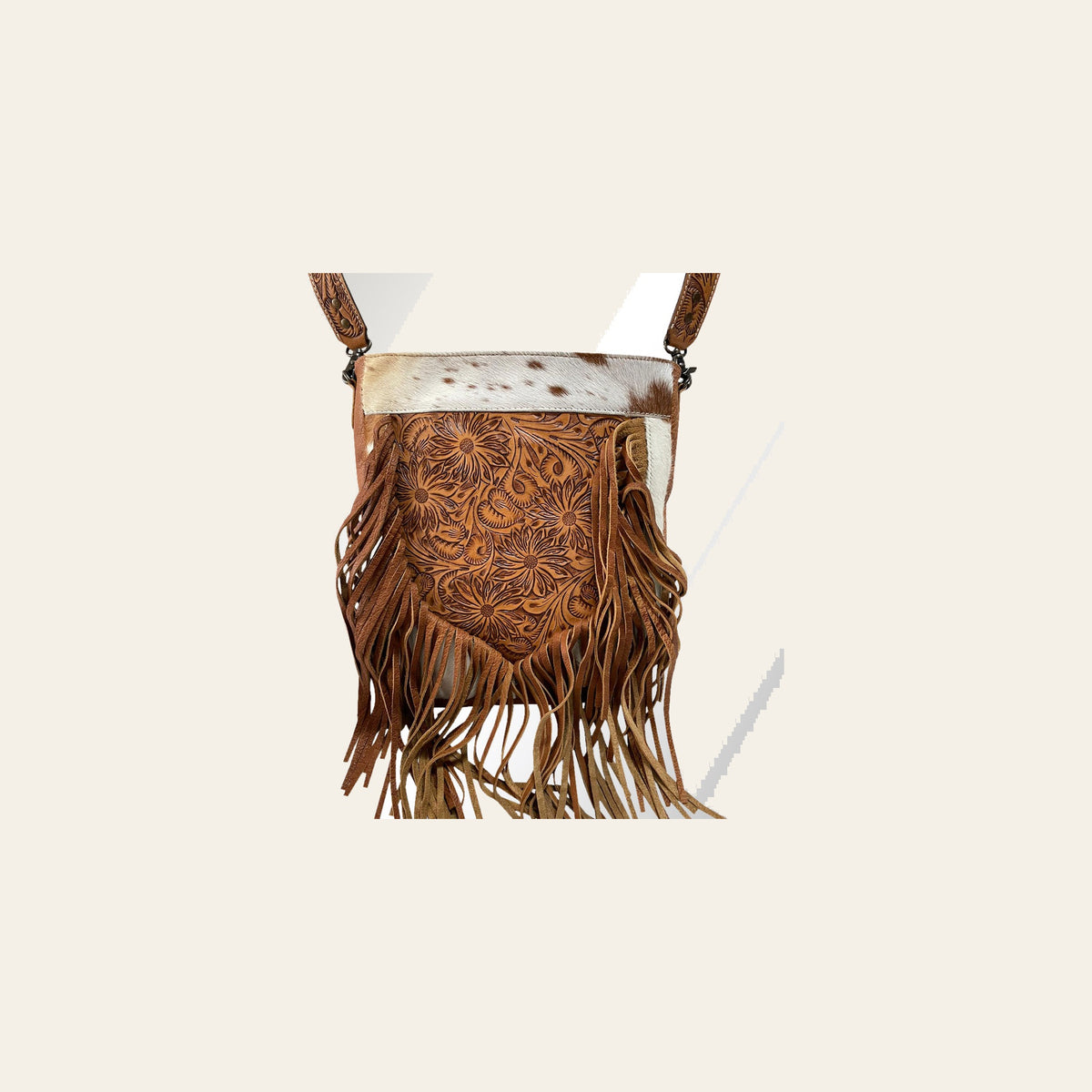 American Darling Messenger Bag Hand Tooled Floral Carved Leather Hair-On Cowhide with Fringes Western Purse