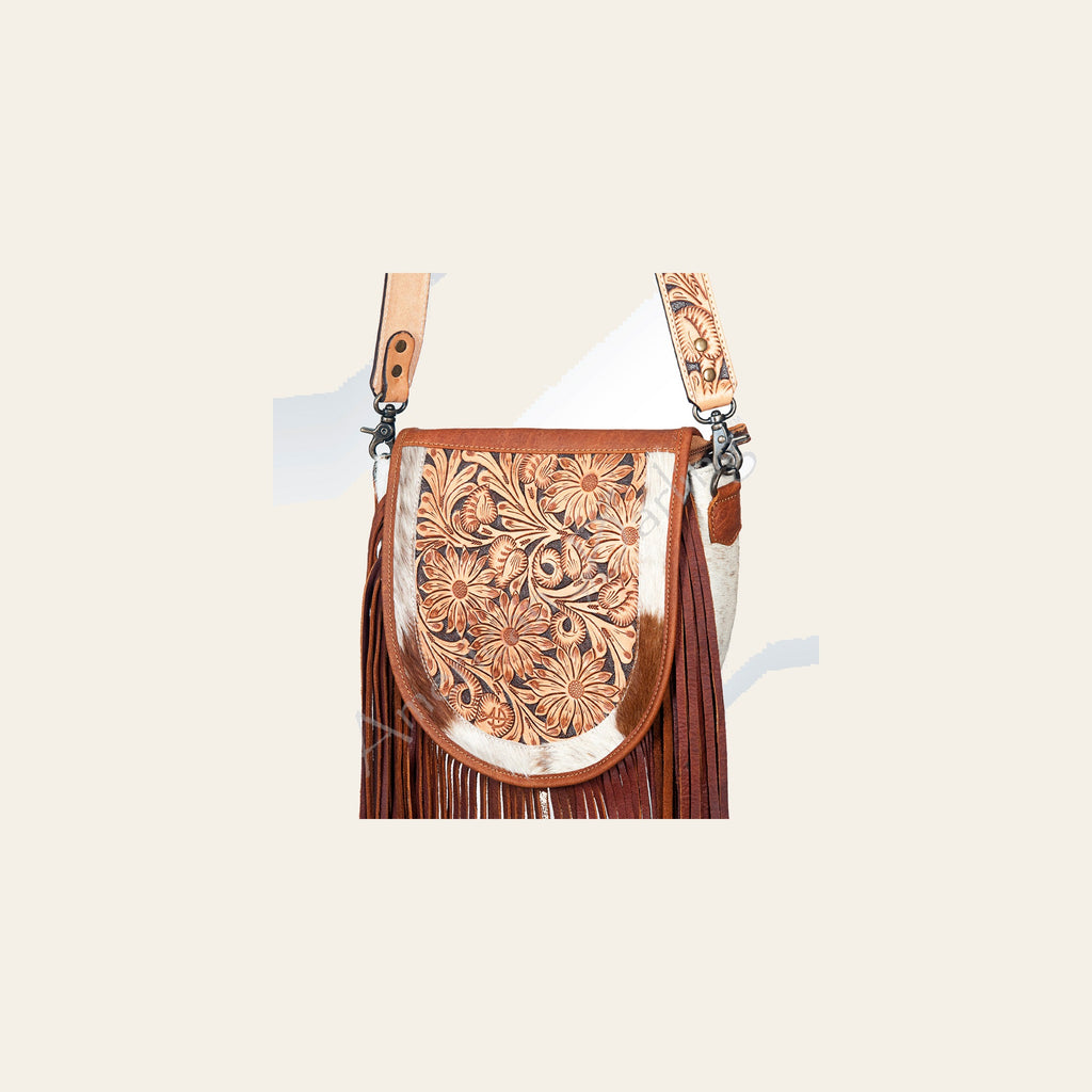 American Darling Messenger Bag Handcrafted from Hair-On Cowhide & Hand Tooled Leather with Fringes and YKK Zipper