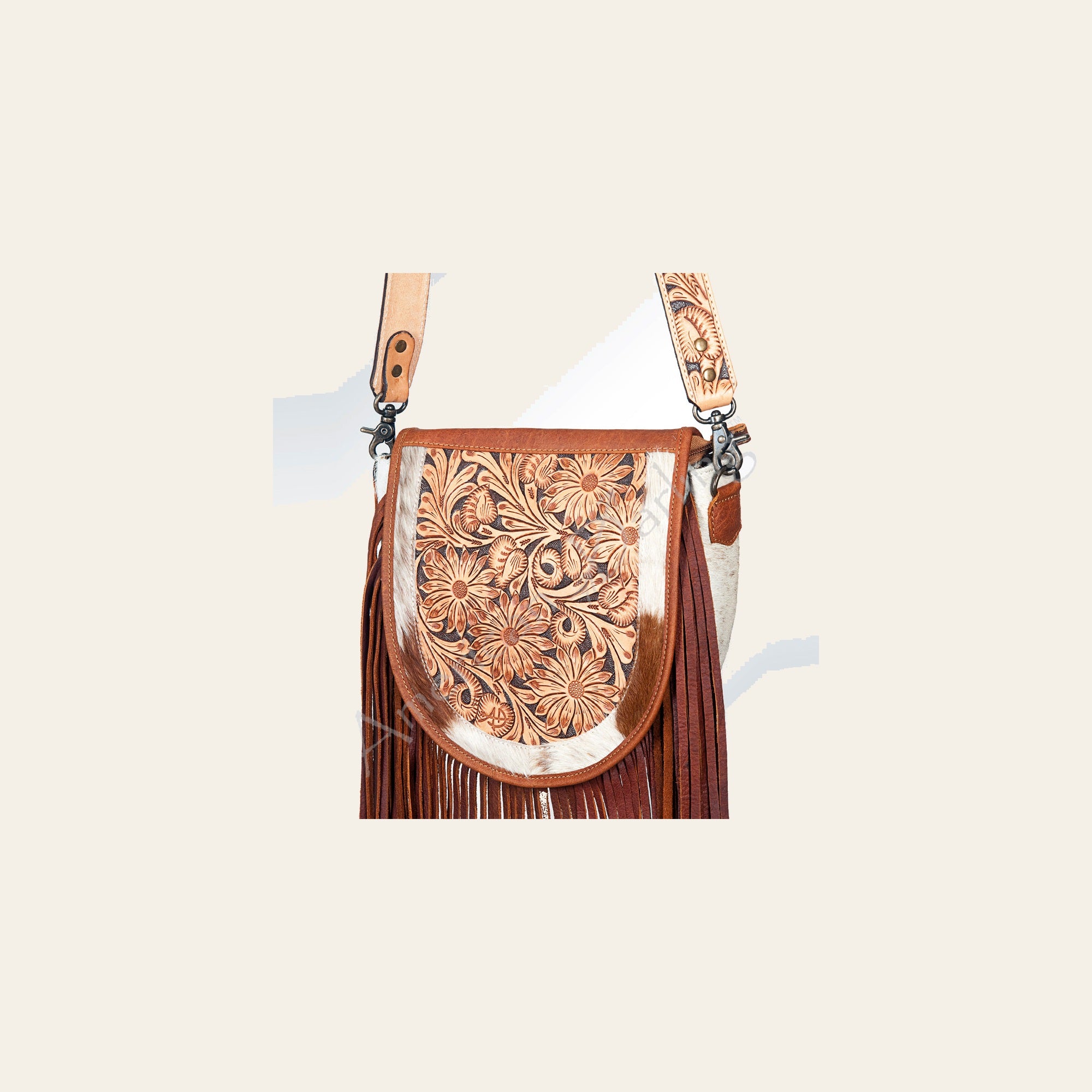 American Darling Messenger Bag Handcrafted from Hair-On Cowhide & Hand Tooled Leather with Fringes and YKK Zipper