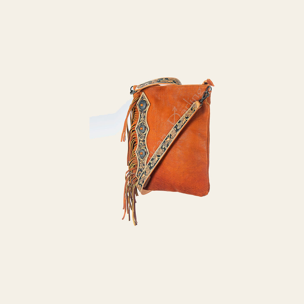 American Darling Chaps Bag Handcrafted from Full Grain Leather with Hand Tooled Panel, Concho, Fringes, and YKK Zipper