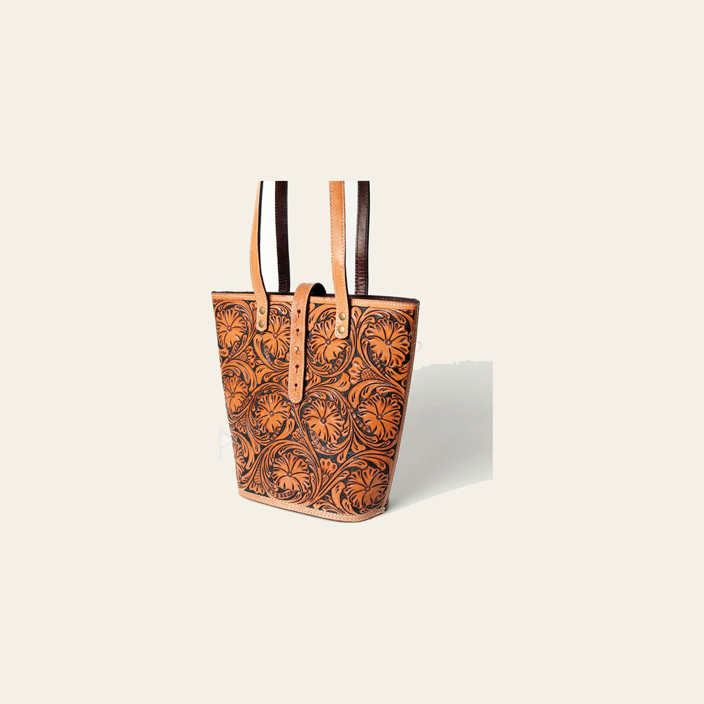 American Darling Tote Bag Handcrafted from Hand Tooled Floral Leather and Full Grain Leather with YKK Zipper