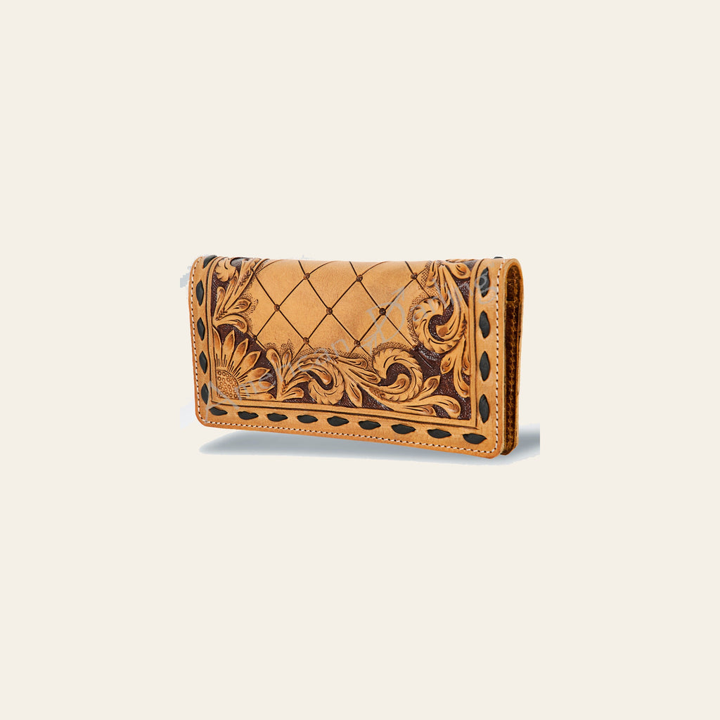 American Darling Western Wallet Bag Hand Tooled Floral Carved Buck Stitched Genuine Vegetable Tanned Leather Purse