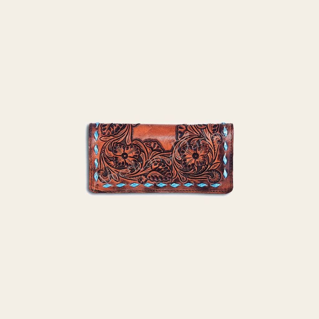 American Darling Western Wallet Bag Hand Tooled Floral Carved Buck Stitched Genuine Vegetable Tanned Leather Purse