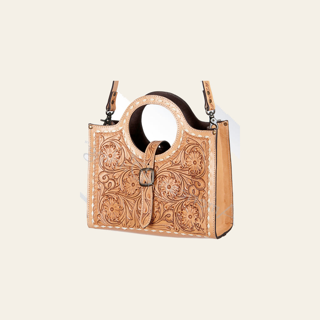 American Darling Western Tote Bag Hand Tooled Floral Carved Genuine Vegetable Tanned Leather Purse with YKK Zipper