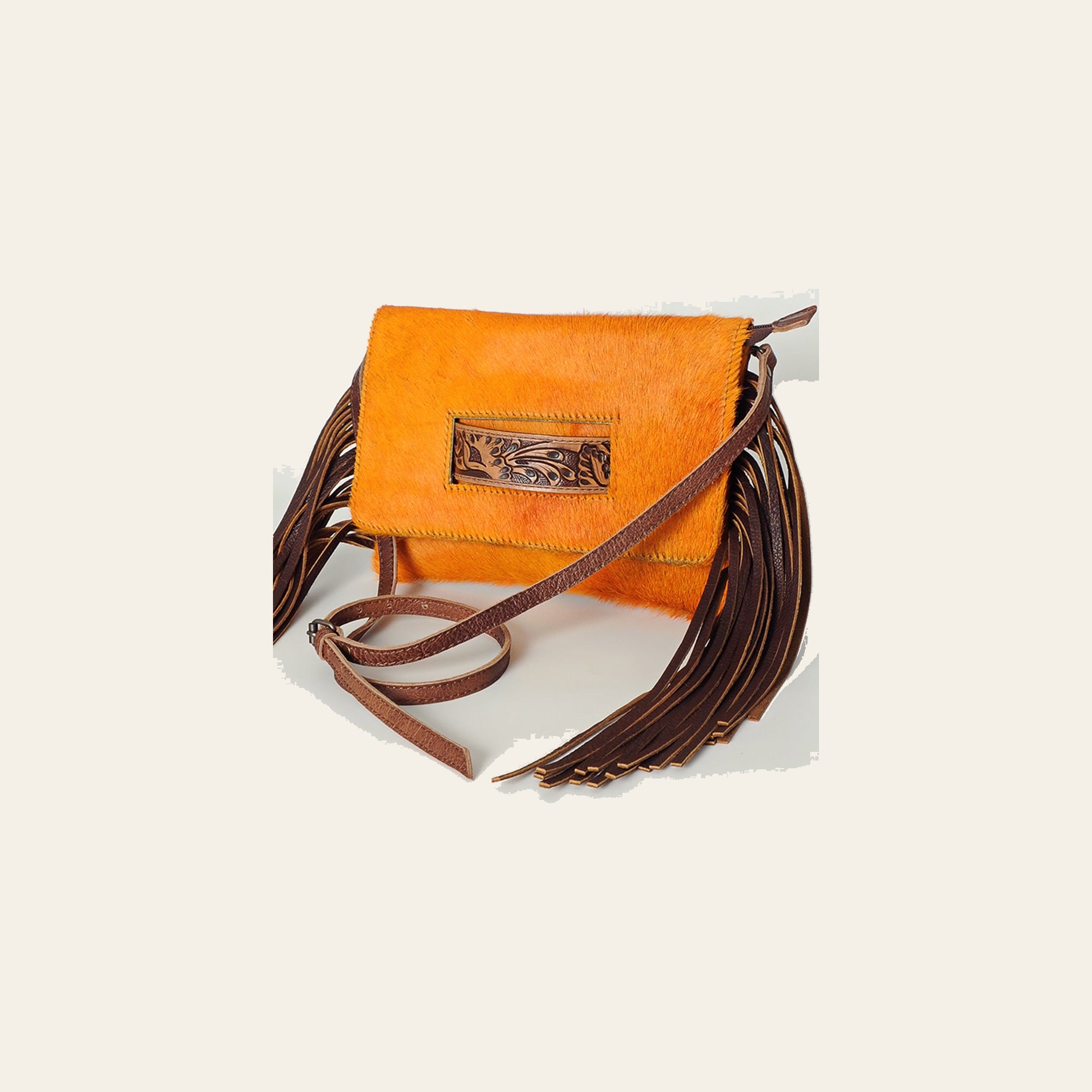 American Darling Small Cross body Bag, Hair-On Cowhide & Hand Tooled Floral Leather, Fringes, Vegetable Tanned Genuine Leather