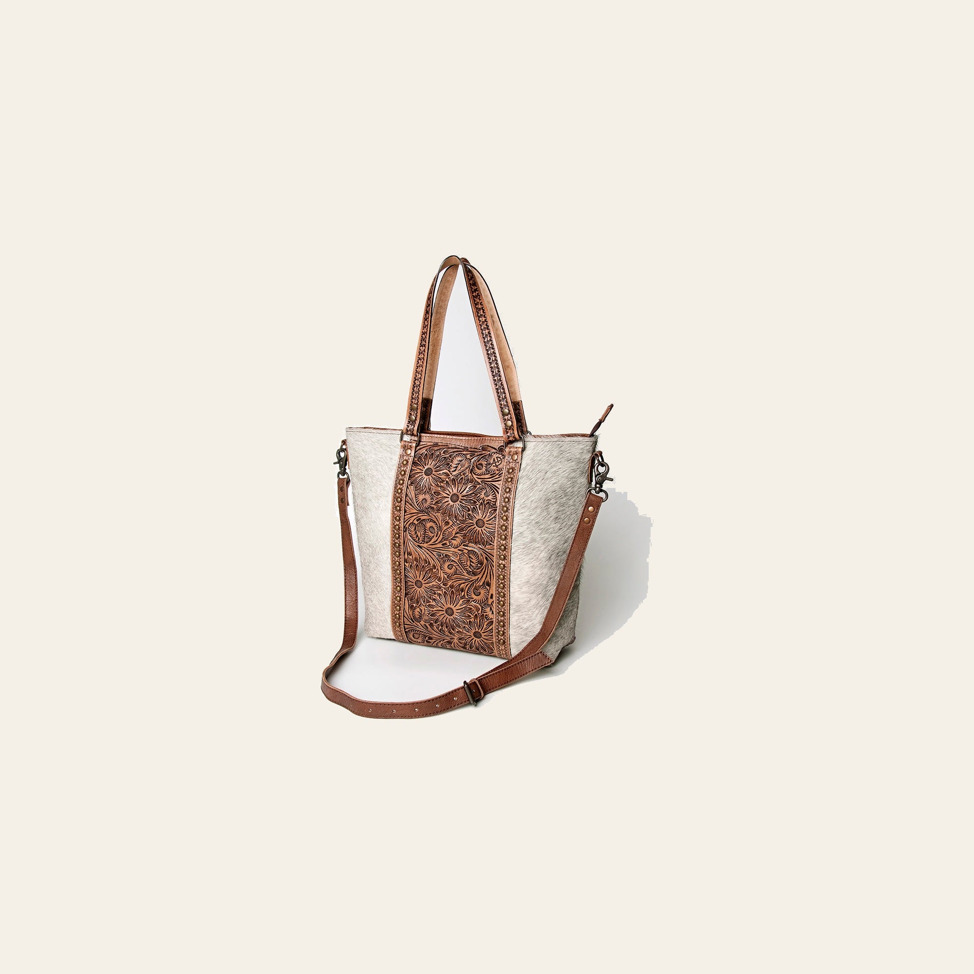 American Darling Tote Bag, Hand Tooled Floral Carved Leather, Hair-On Cowhide, Vegetable Tanned Genuine Leather, Rivetted