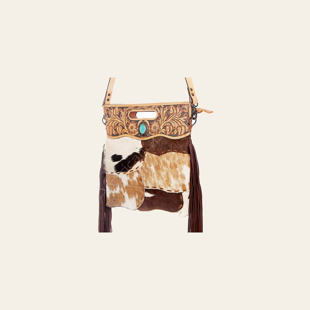 American Darling Clutch Bag Hand Tooled Floral Carved Hair-On Cowhide Genuine Leather Western Bag with Fringes & YKK Zipper