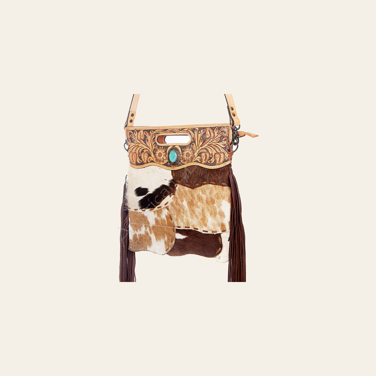 American Darling Clutch Bag Hand Tooled Floral Carved Hair-On Cowhide Genuine Leather Western Bag with Fringes & YKK Zipper