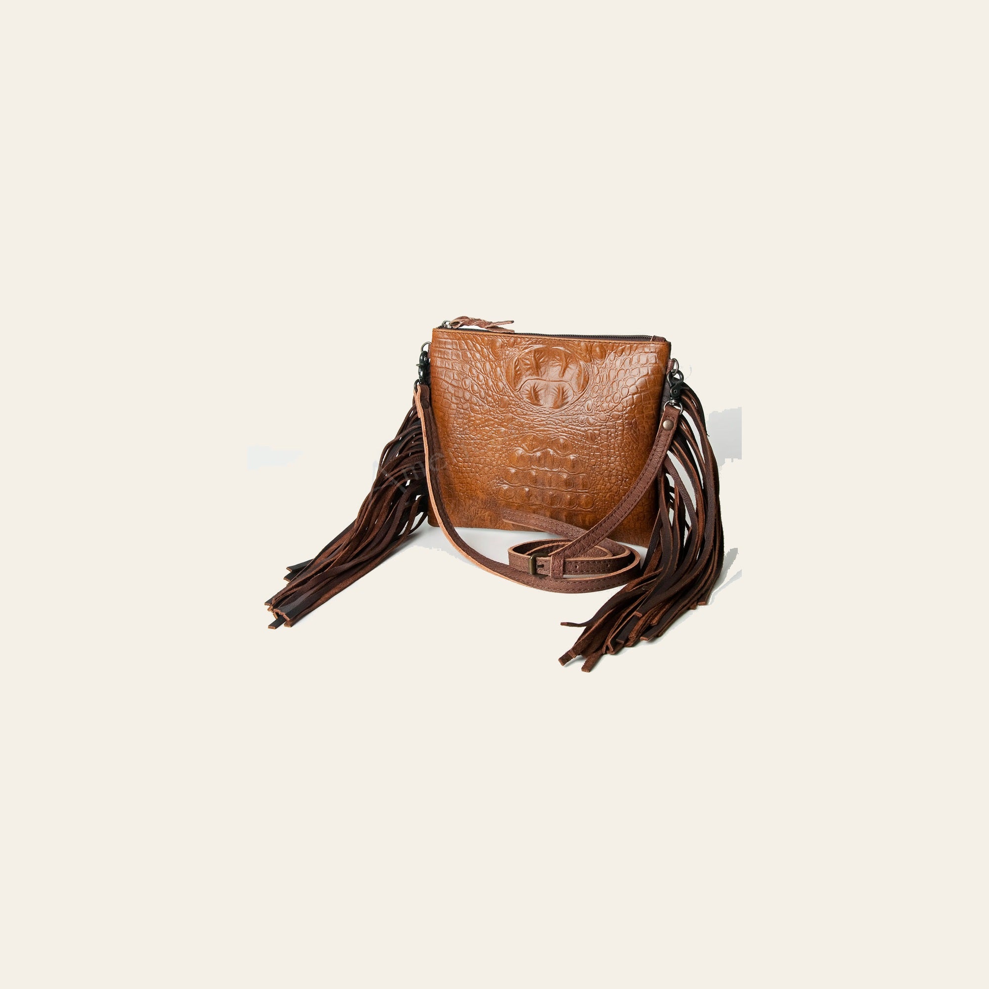 American Darling Small Cross body Bag, Crocodile Embossed Full Grain Leather Western Purse with Fringes and YKK Zipper