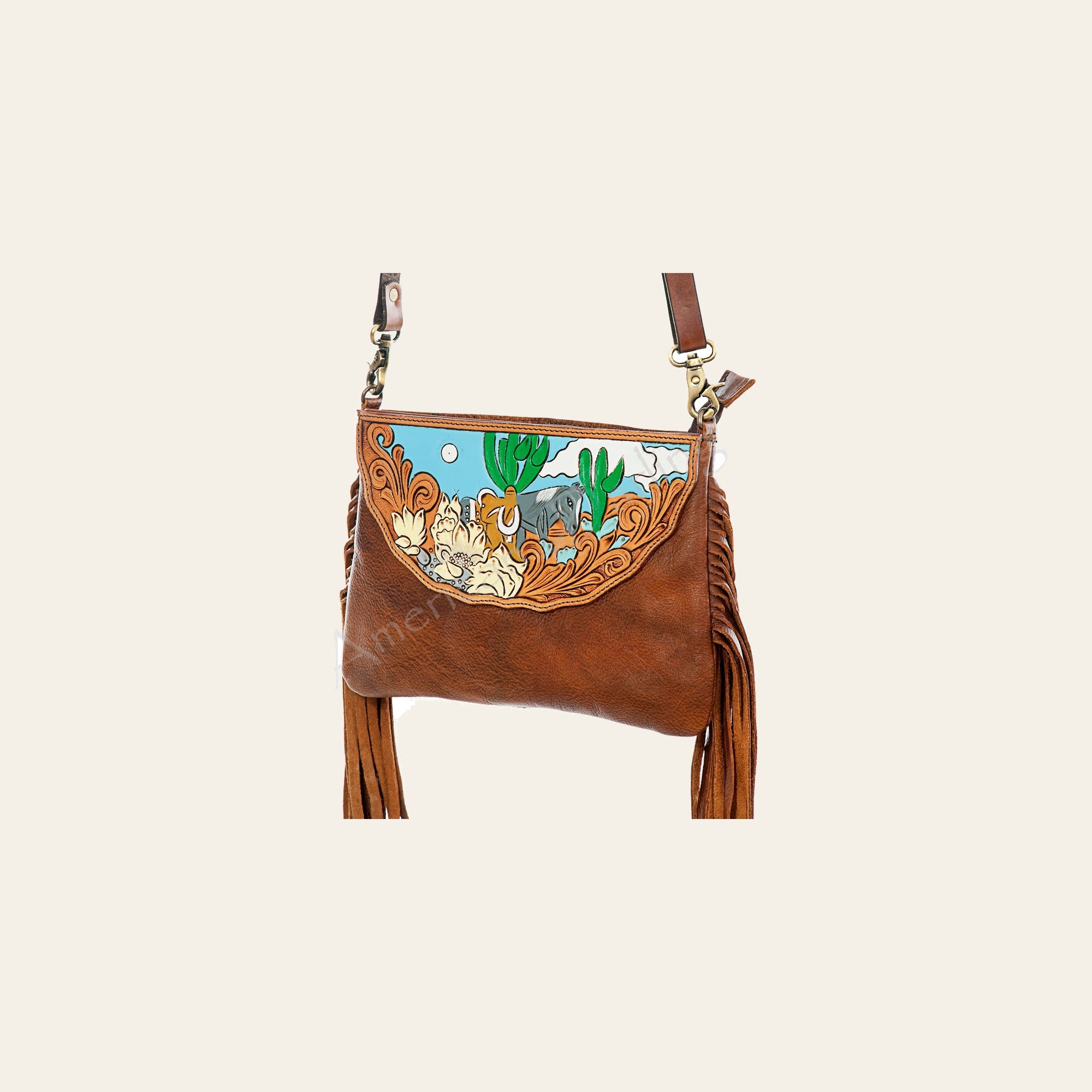 American Darling Large Cross body Bag Hand Tooled Floral Carved Genuine Leather with Fringes Western Purse