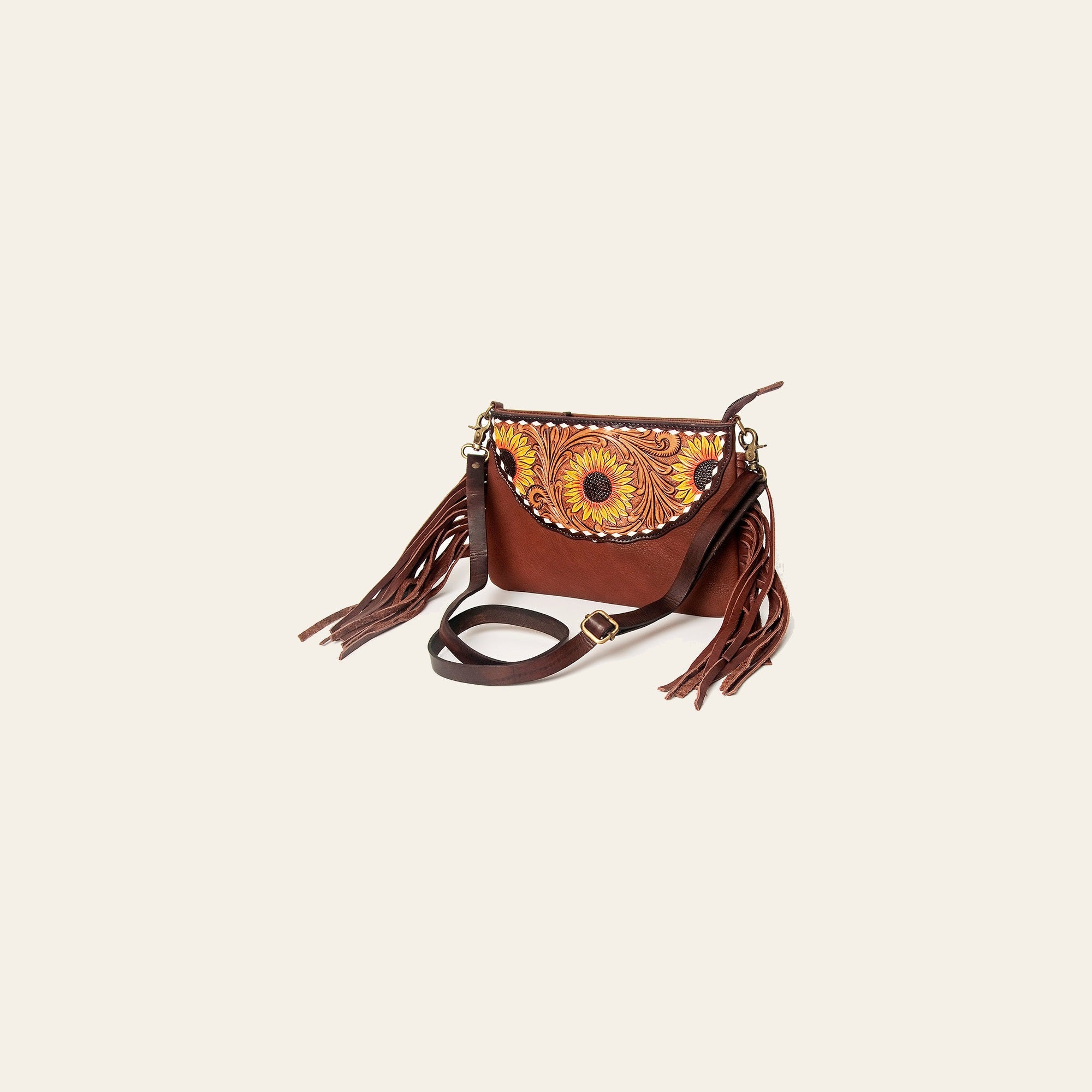 American Darling Large Cross body Bag Hand Tooled Floral Carved Genuine Leather with Fringes Western Purse