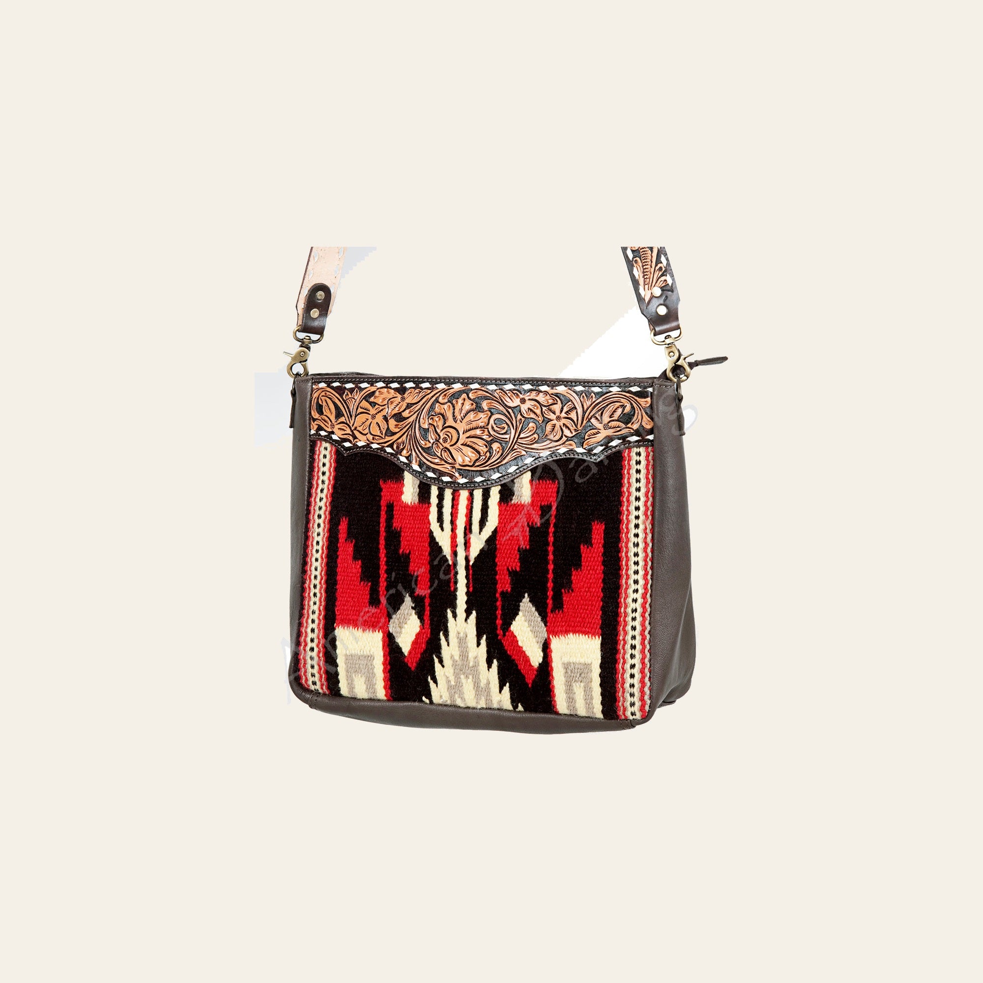 American Darling Women's Hand Tooled Floral Carved Leather Cross body Bag with Hand Woven Saddle Blanket and Buck Stitching
