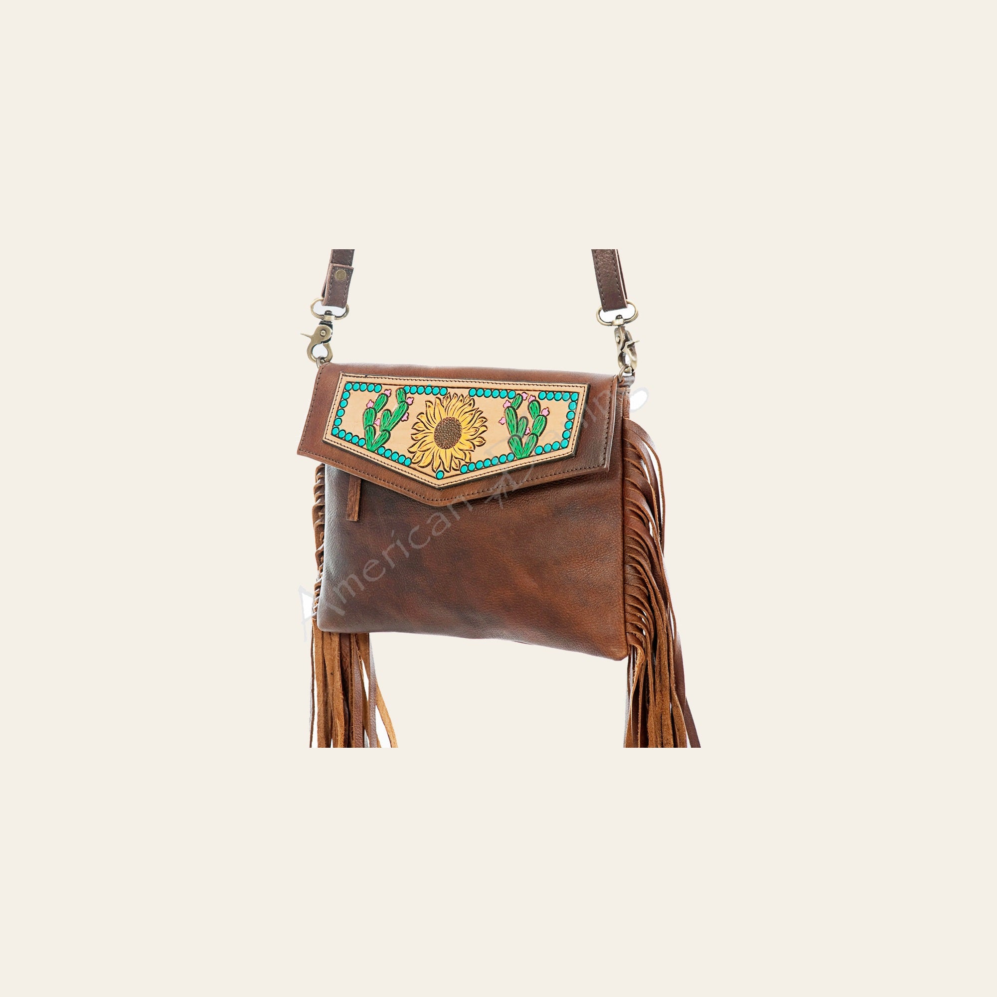 American Darling Women's Hand Tooled Floral Carved Leather Envelope Bag with Fringes and Eco-Friendly Full Grain Leather