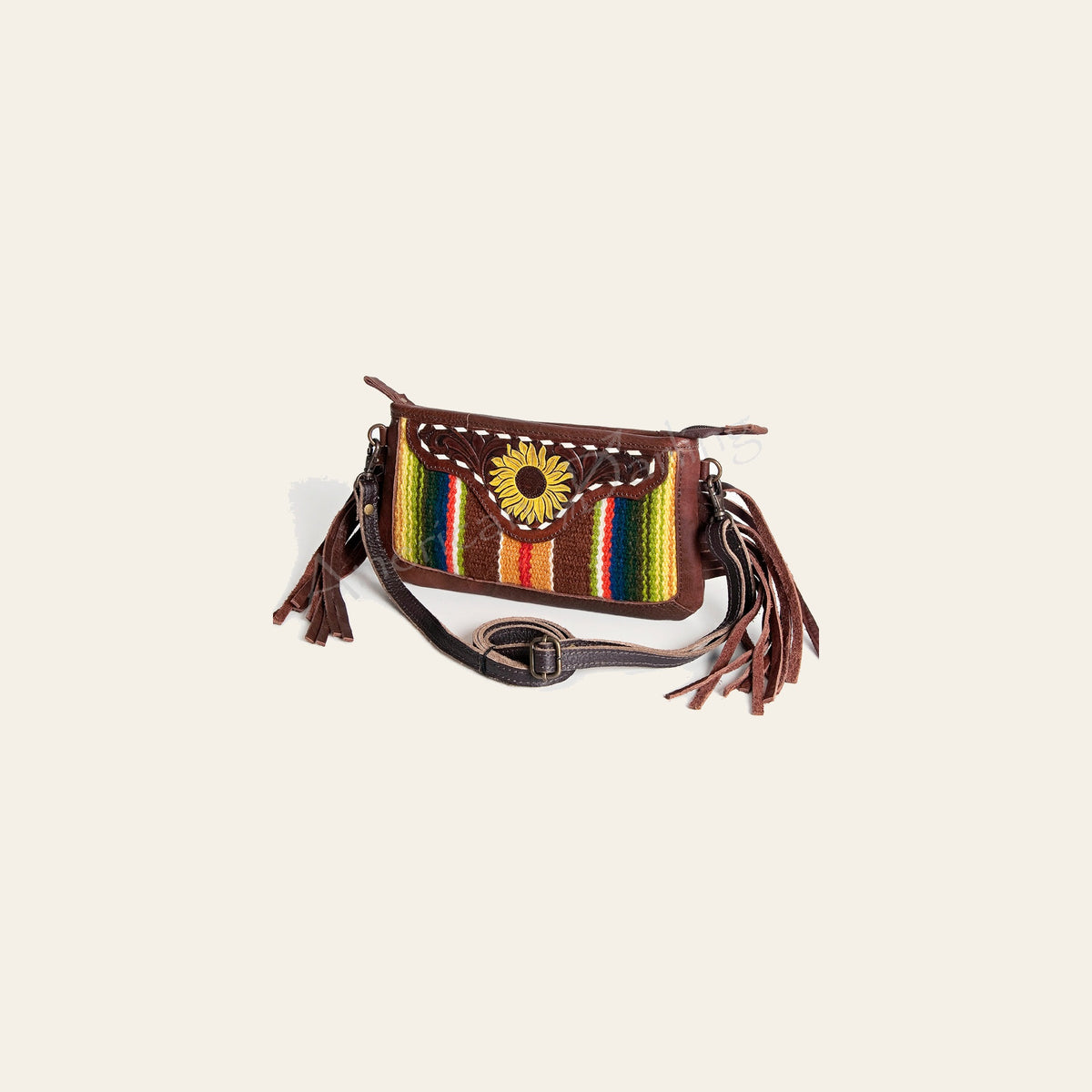 American Darling Women's Hand Tooled Floral Carved Leather Small Cross body Bag with Hand Woven Saddle Blanket and Fringes