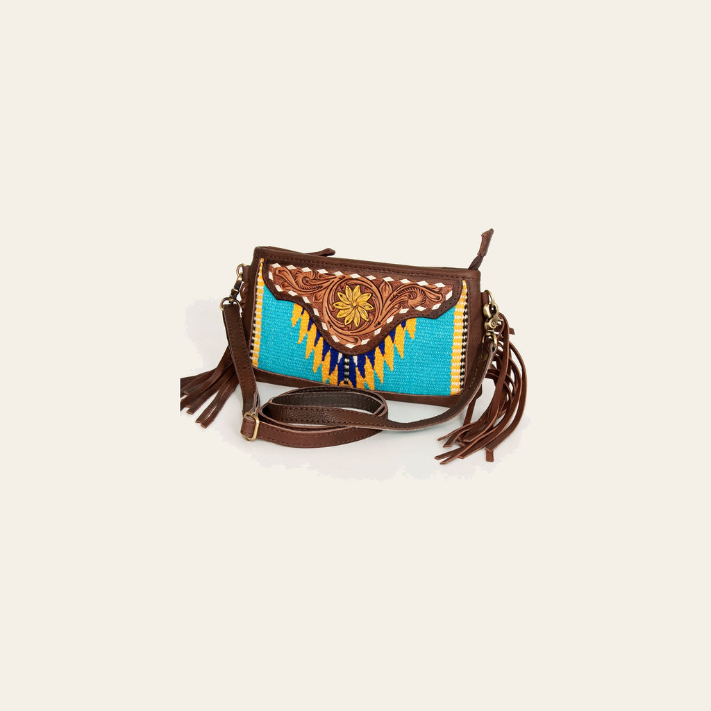 American Darling Women's Hand Tooled Floral Carved Leather Small Cross body Bag with Hand Woven Saddle Blanket and Fringes