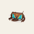 American Darling Women's Hand Tooled Floral Carved Leather Small Cross body Bag with Hand Woven Saddle Blanket and Fringes