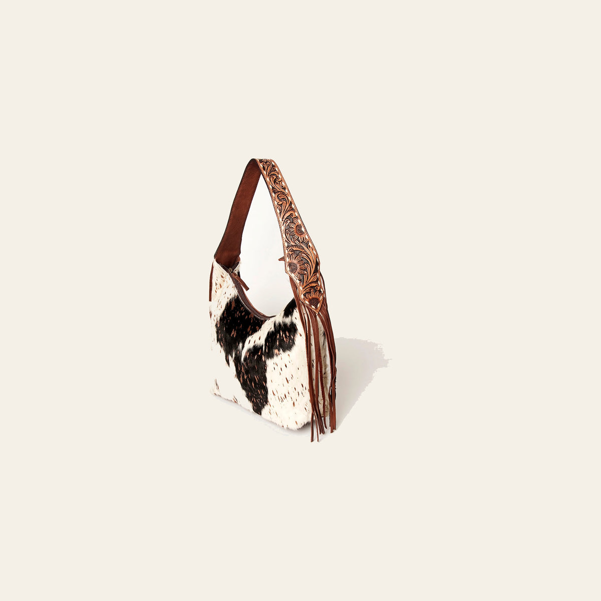 American Darling Hand Tooled Genuine Leather Hobo Bag for Women Hair-On Cowhide Floral Carved Purse with Fringes & YKK Zipper