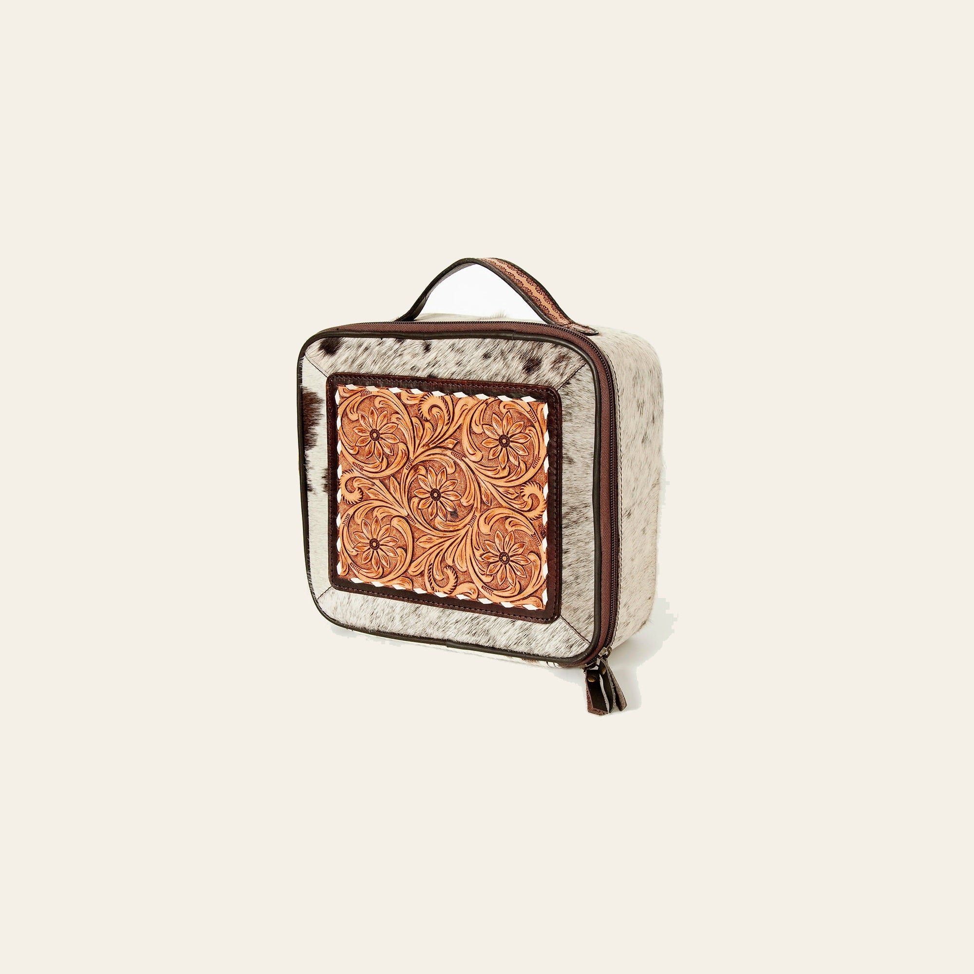 American Darling Genuine Leather Jewelry Case Hair-On Cowhide Floral Carved Tooled Travel Organizer Box with YKK Zipper