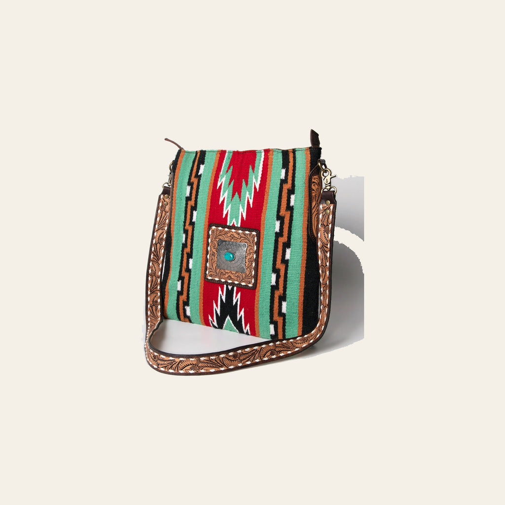 American Darling Large Cross body Bag Hand-Woven Saddle Blanket Vegetable-Tanned Genuine Leather Buck Stitched Turquoise Concho