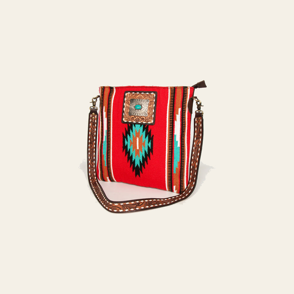 American Darling Large Cross body Bag Hand Woven Saddle Blanket Vegetable-Tanned Genuine Leather Floral Carved Turquoise Concho