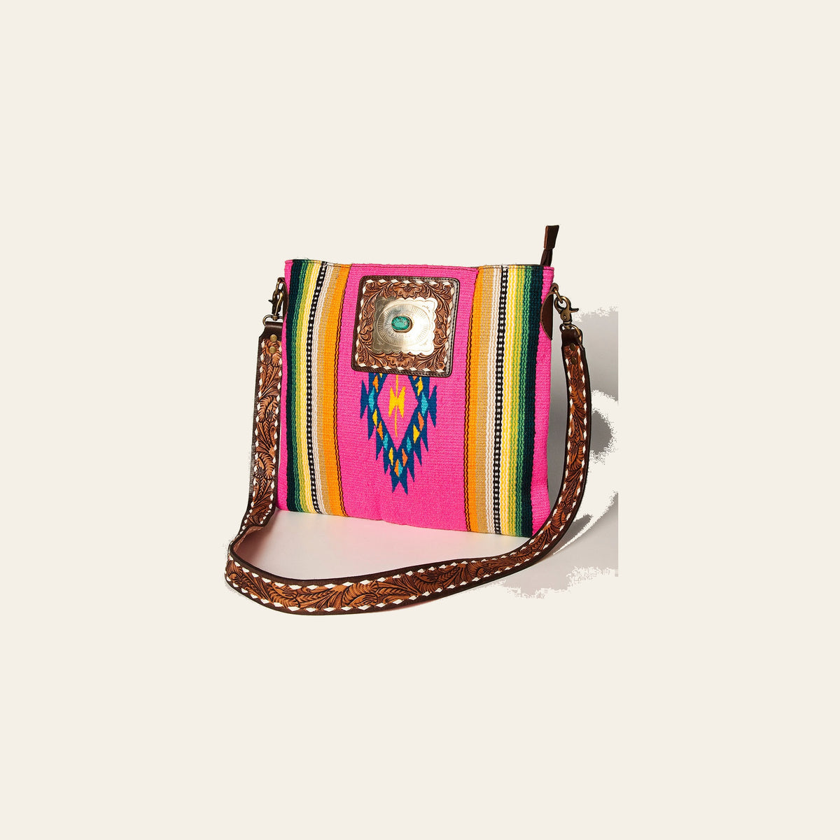 American Darling Large Cross body Bag Hand Woven Saddle Blanket Vegetable-Tanned Genuine Leather Floral Carved Turquoise Concho