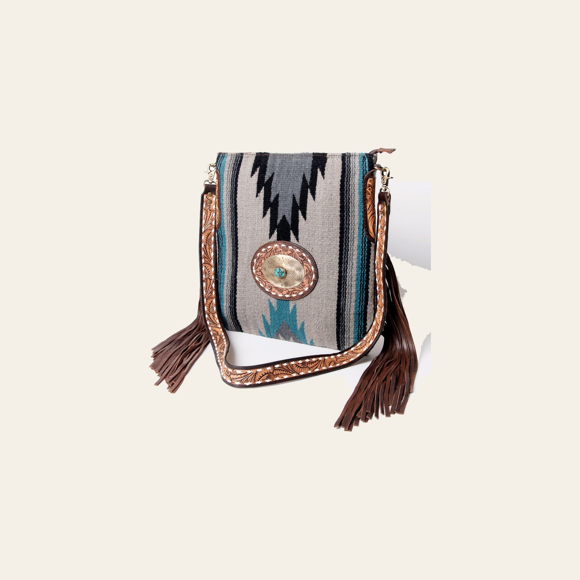 American Darling Large Cross body Bag Hand Woven Saddle Blanket Vegetable-Tanned Genuine Leather Floral Carved Turquoise Concho