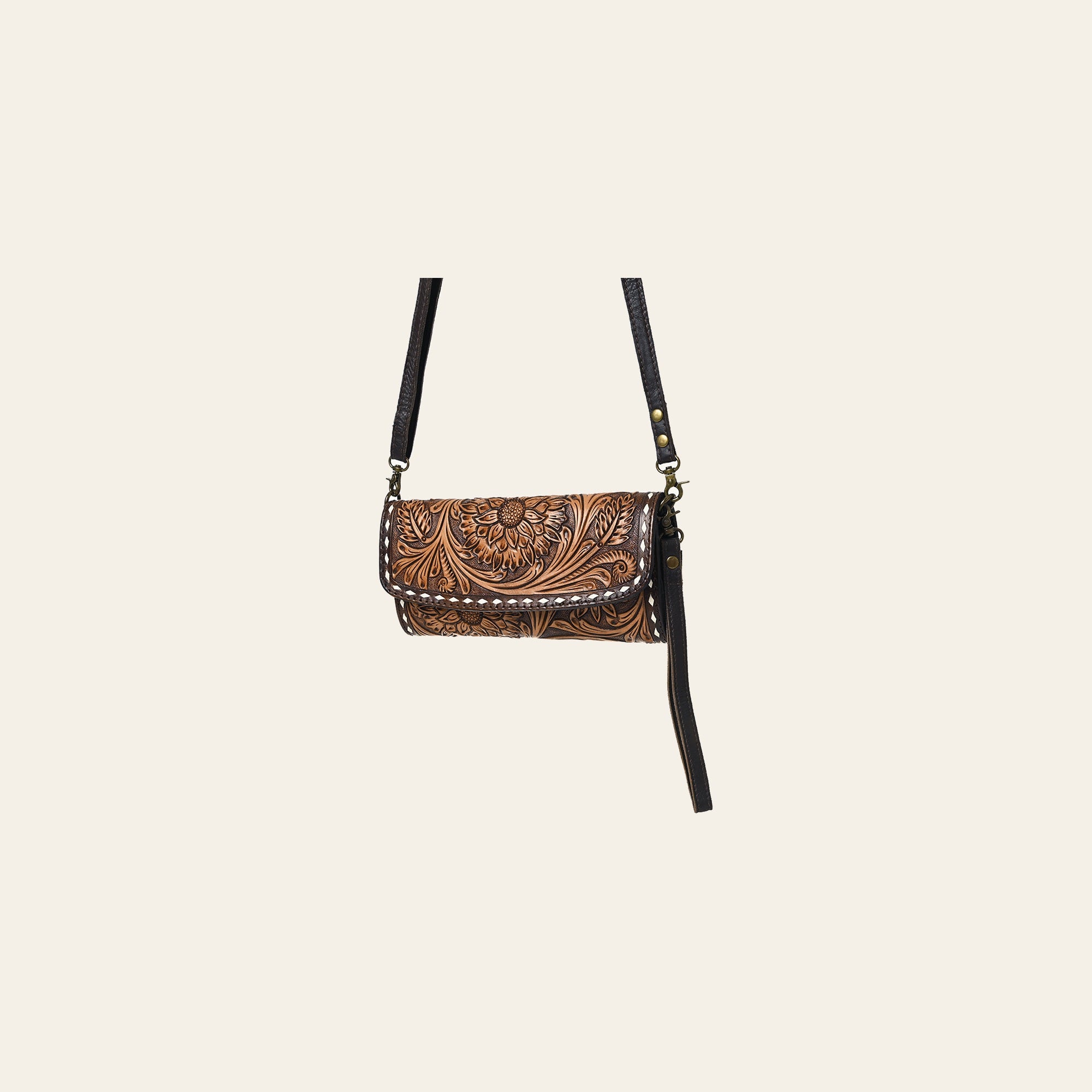 American Darling Hand Tooled Floral Carved Genuine Leather Small Cross body Bag Buck Stitched Vegetable-Tanned Eco-Friendly