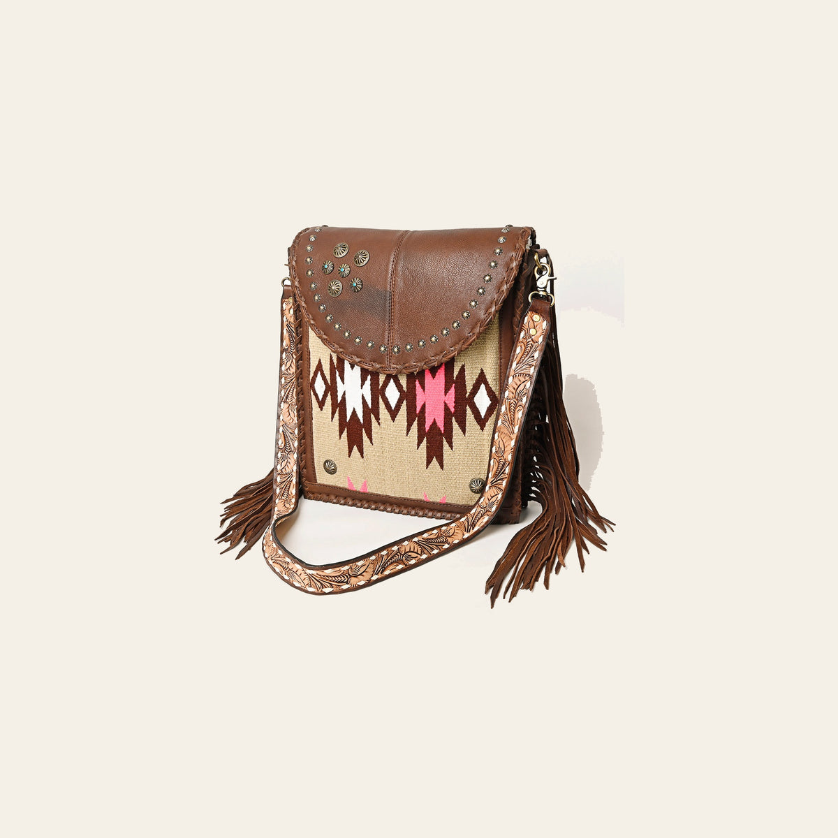 American Darling Hand Woven Saddle Blanket Fringed Cross body Bag Vegetable-Tanned Leather Rivetted Hand Tooled Western Purse