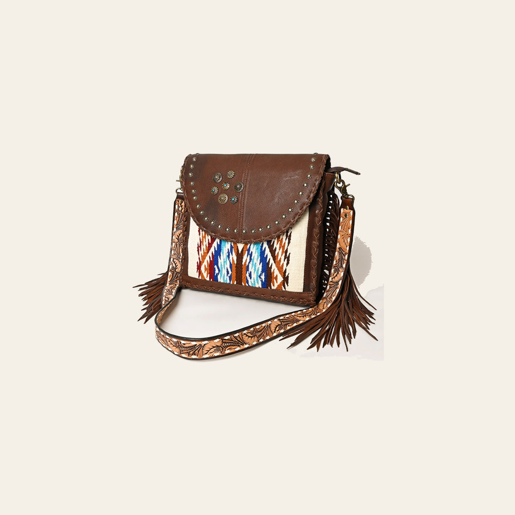American Darling Hand Woven Saddle Blanket Fringed Cross body Bag Vegetable-Tanned Genuine Leather Rivetted Western Purse