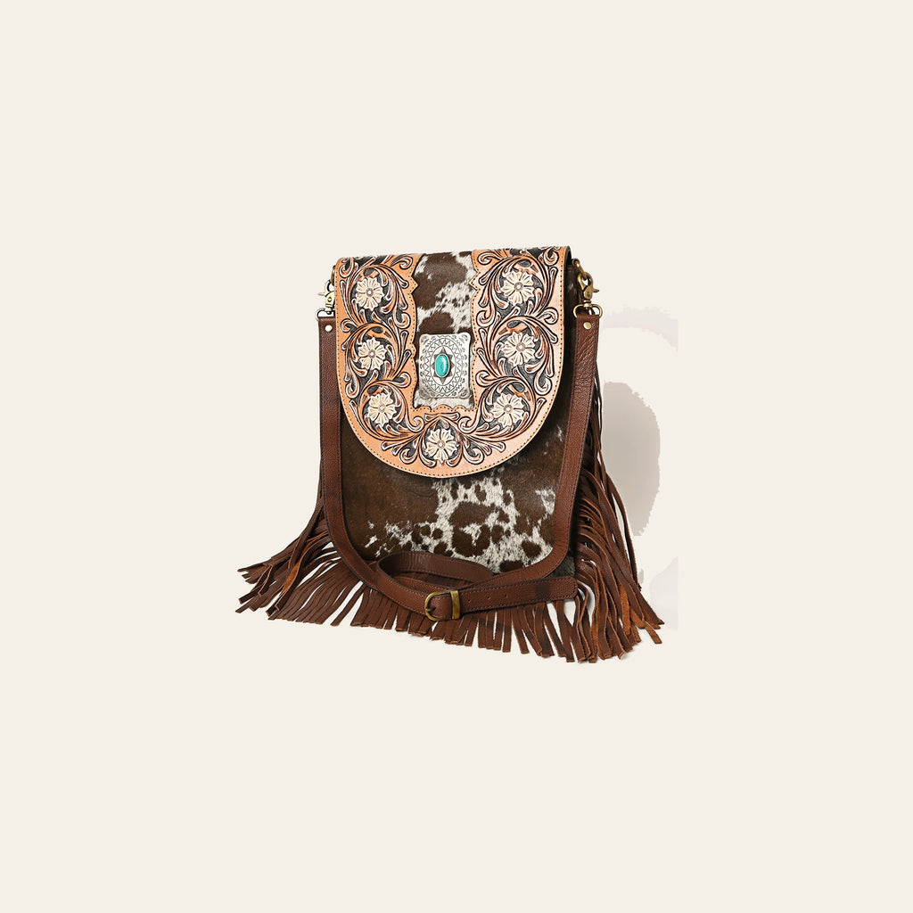 American Darling Hand Tooled Floral Carved Messenger Bag Hair-On Cowhide Leather Fringe Turquoise Concho YKK Zipper