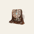 American Darling Hand Tooled Floral Carved Messenger Bag Hair-On Cowhide Leather Fringe Turquoise Concho YKK Zipper
