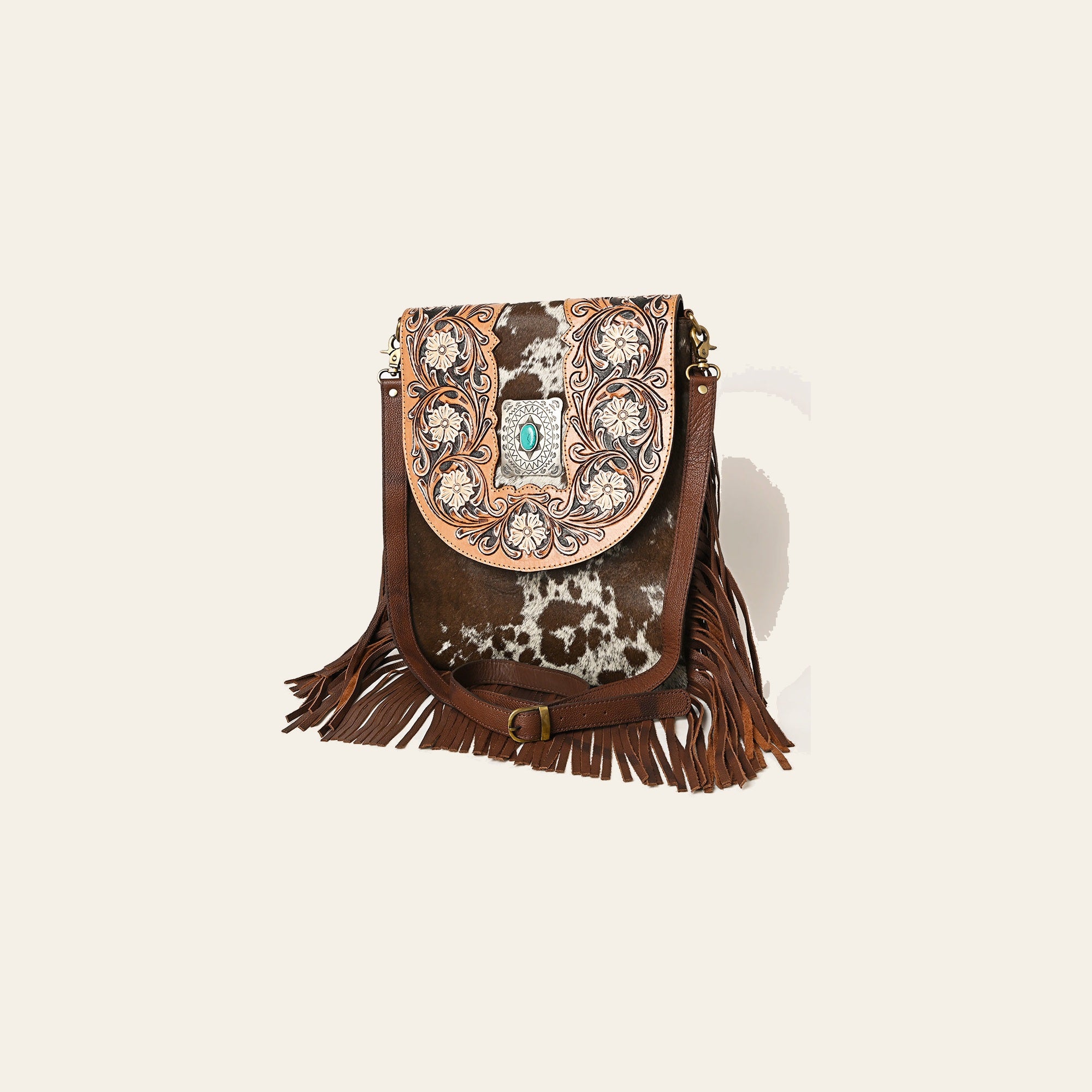 American Darling Hand Tooled Floral Carved Messenger Bag Hair-On Cowhide Leather Fringe Turquoise Concho YKK Zipper