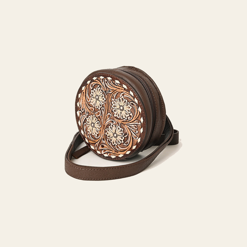American Darling Hand Tooled Floral Carved Canteen Bag Vegetable-Tanned Genuine Leather Western Crossbody with YKK Zipper